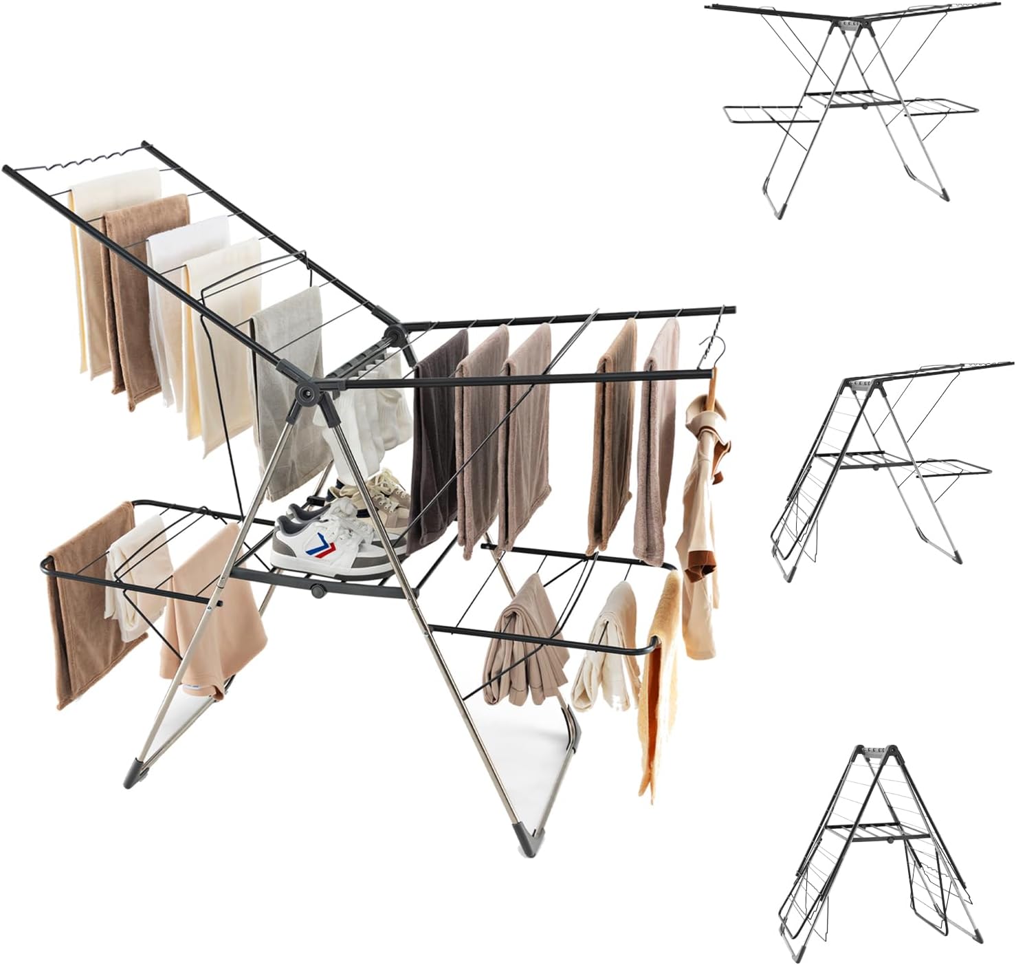 Suszarka do Ubrań 2 w 1, 2 Ramiona o Regulowanej Wysokości 70–130 cm, 2 Dolne Ramiona i 1 Uchwyt na Buty, Składana Suszarka z Antypoślizgowymi Nóżkami