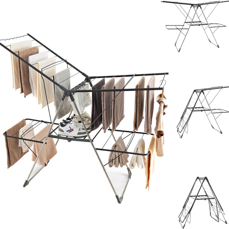Suszarka do Ubrań 2 w 1, 2 Ramiona o Regulowanej Wysokości 70–130 cm, 2 Dolne Ramiona i 1 Uchwyt na Buty, Składana Suszarka z Antypoślizgowymi Nóżkami