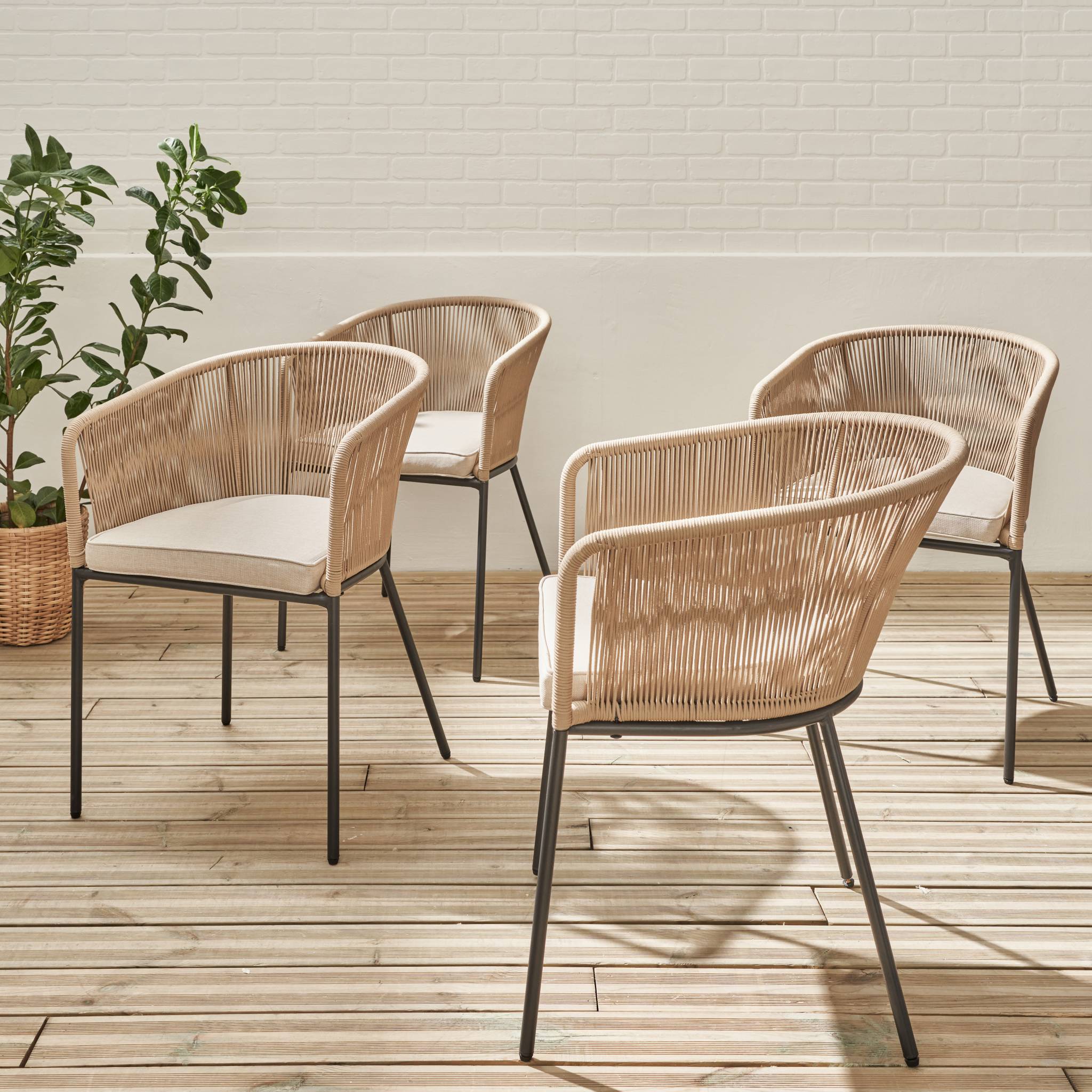 Lot de 4 fauteuils de jardin en corde beige et acier galvanisé. coussin beige SANTOS - 3