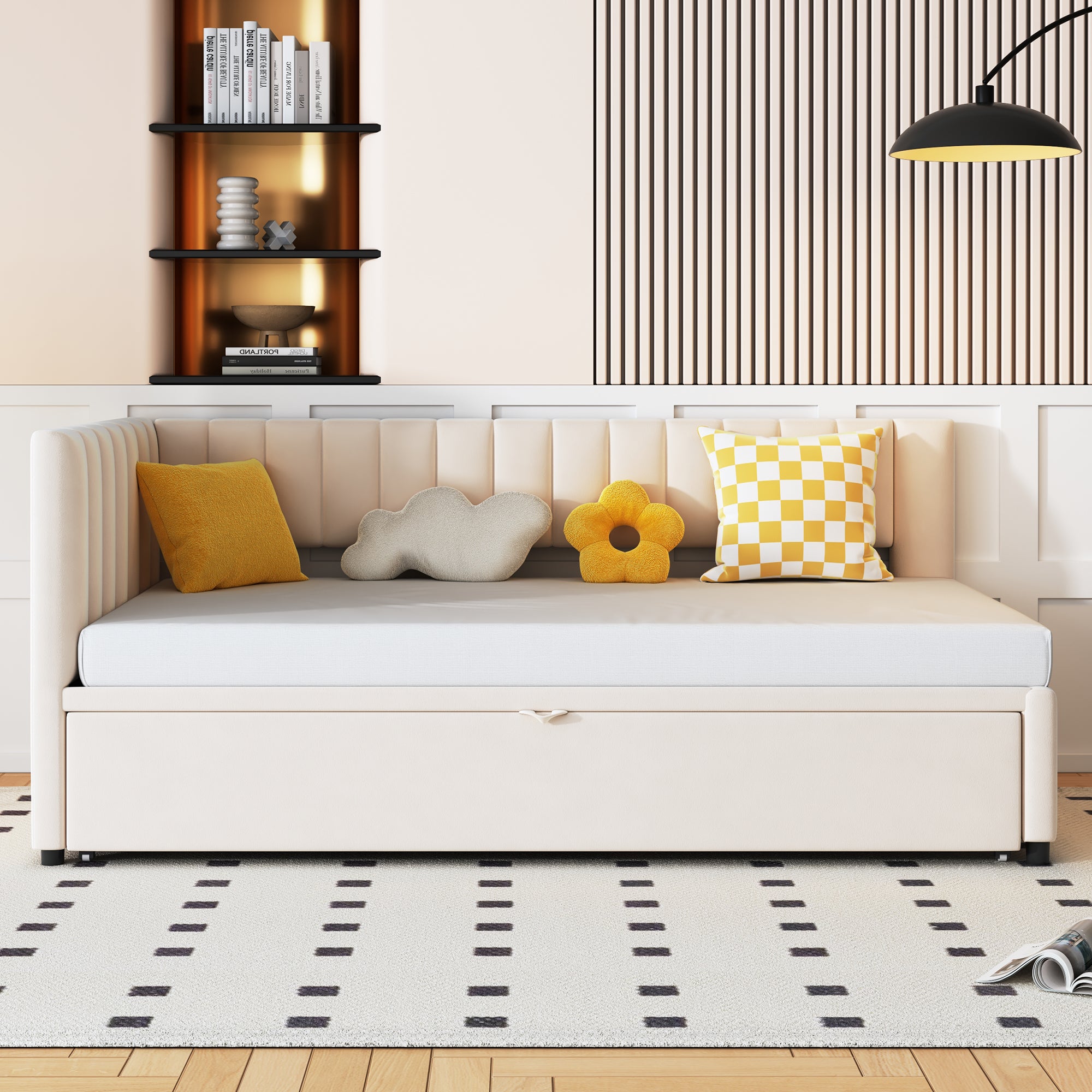 Lit gigogne 90/180 x 200 cm en forme de L, Canapé-lit - Velours - Sommier à lattes - Beige (sans matelas) - 3