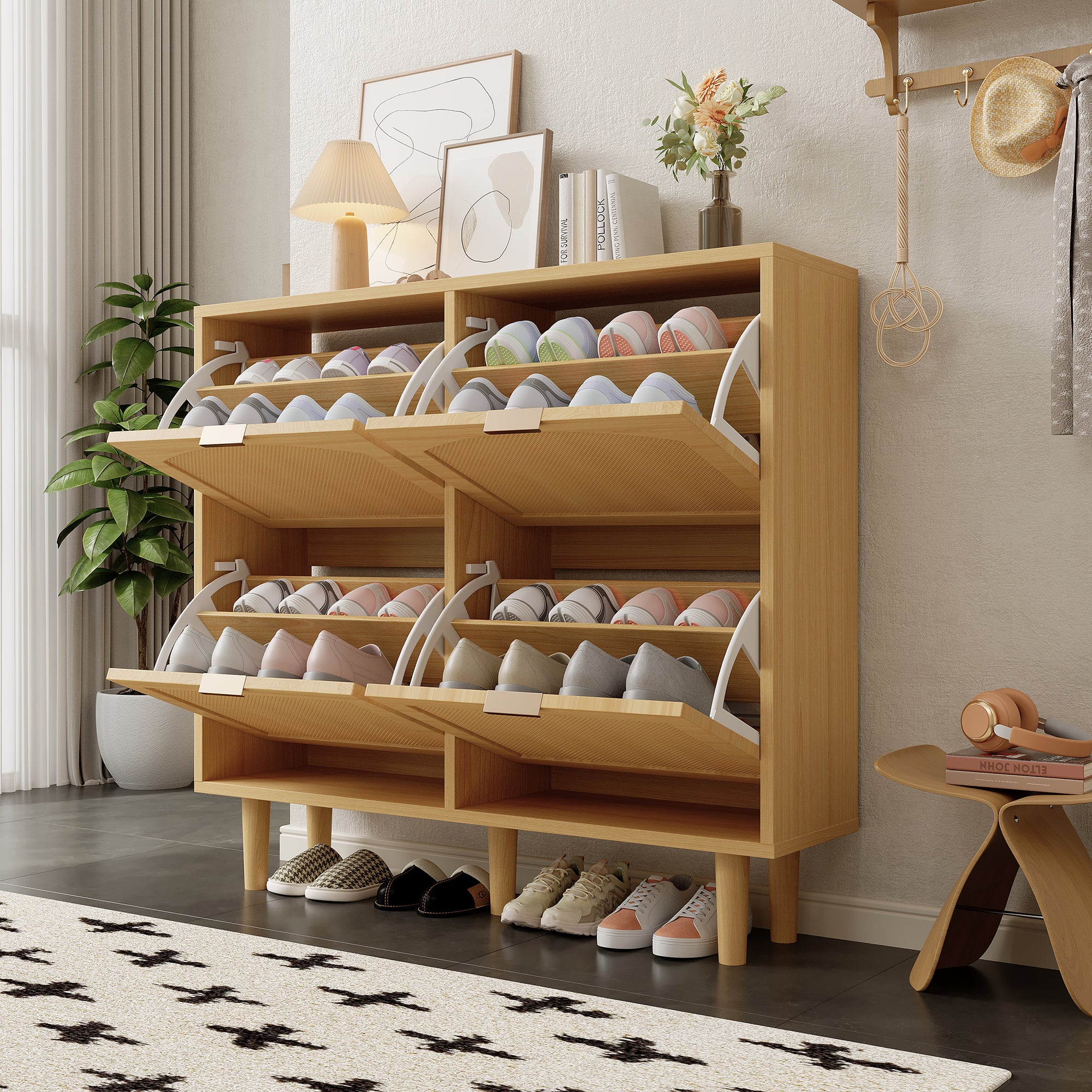 Meuble à chaussures avec 4 tiroirs rabattables en rotin - 100 x 25 x 90 cm - Panneau de particules - Chêne clair - 2