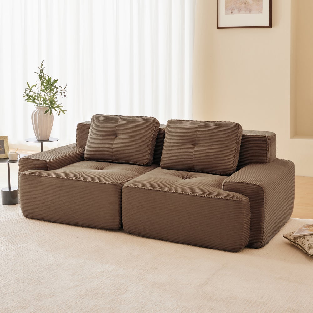 Sofa dwuosobowa, modułowa, sztruksowa, niskie siedzisko, funkcja spania, brązowa