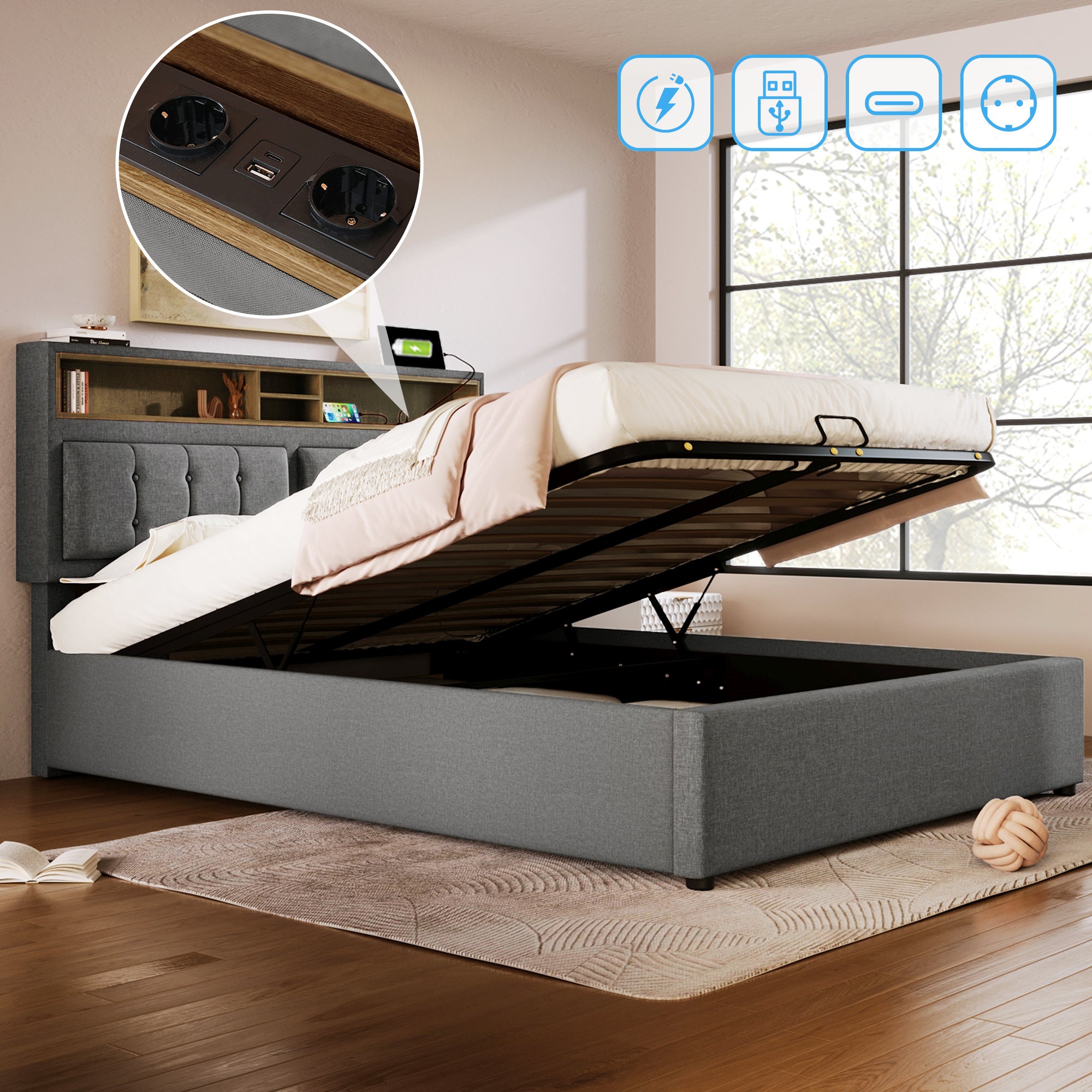 Cama contenedor 160 x 200 cm con cabecero contenedor - USB - tela de lino - gris - 4