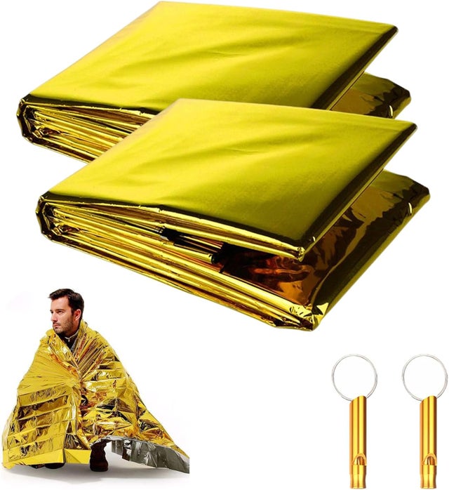 Manta térmica de supervivencia para exteriores (2 unidades), reutilizable, dorada y plateada, 210 × 160 cm, con silbato de supervivencia.