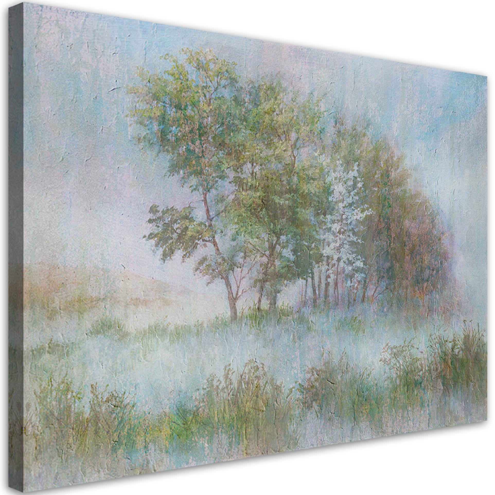 Obraz na płótnie, Drzewa na mglistej łące 60x40