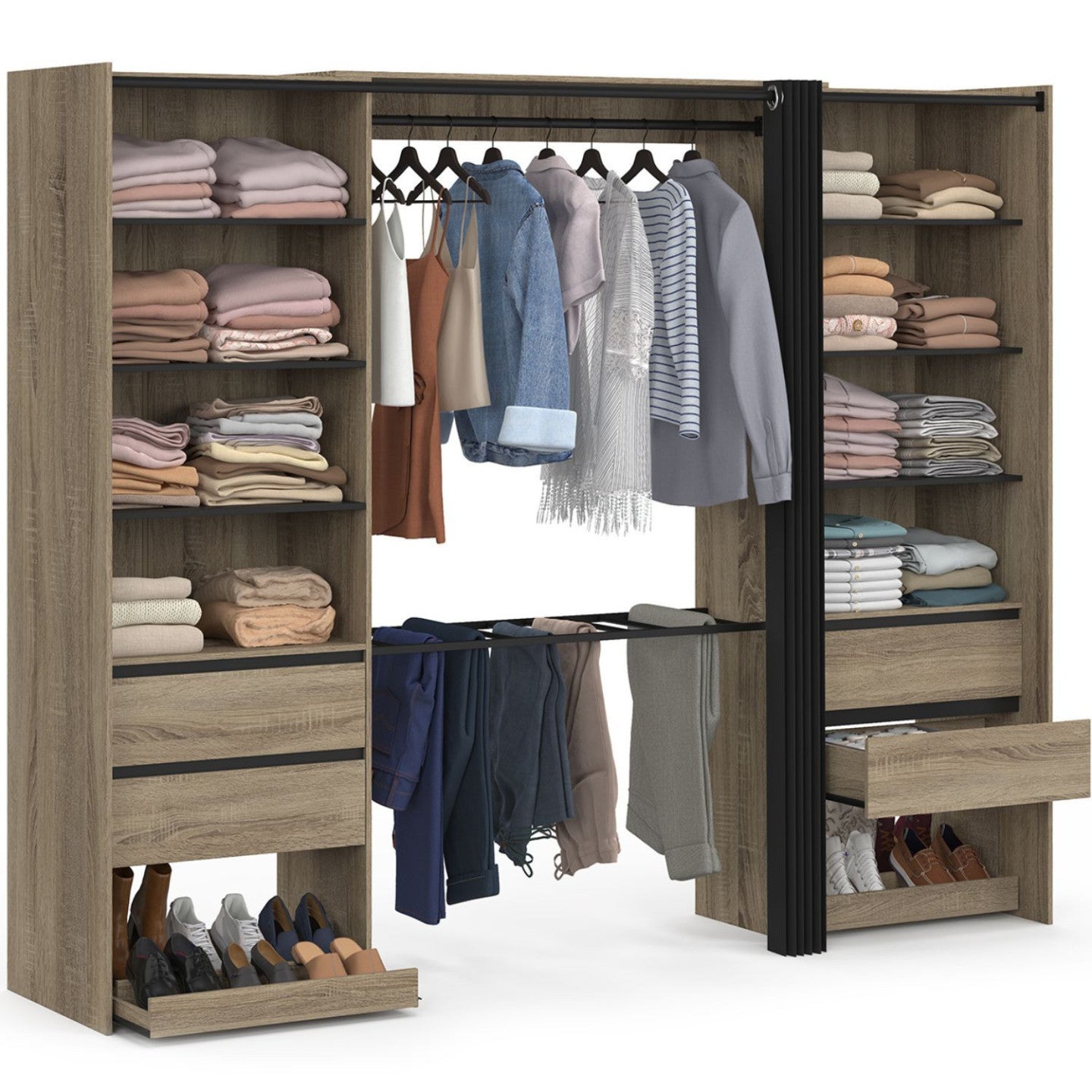 Dressing double XXL MERYL 220 cm avec porte pantalons + étagères + tiroirs + rangements à chaussures hêtre et noir - 2