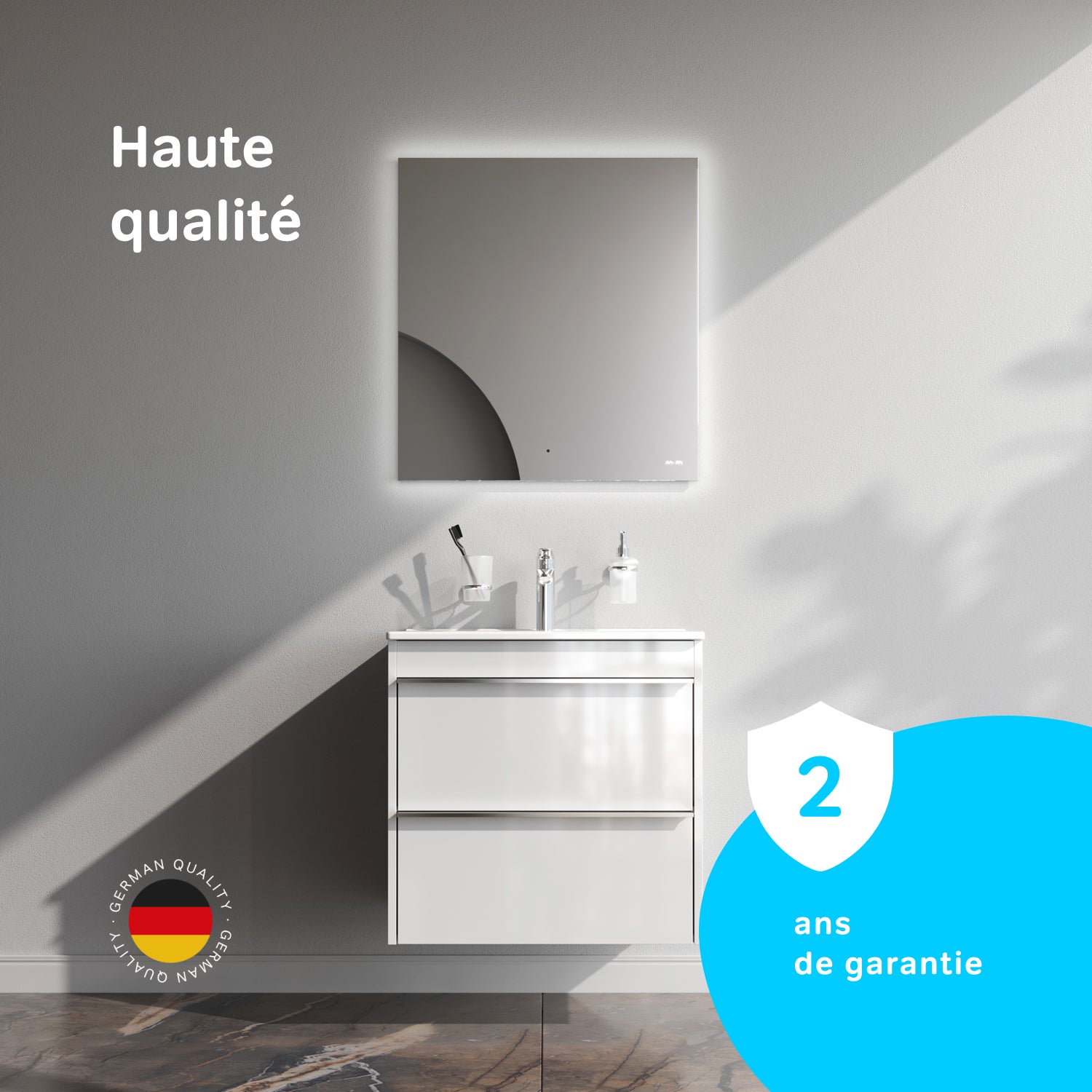 Meuble salle de bains avec Vasque en Céramique Meuble simple vasque suspendu 60 cm avec lavabo intégré, 2 tiroirs, design, Blanc Brillant&nbsp; – AM.PM - 8