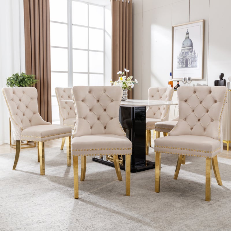Komplet 6 krzeseł do jadalni bez podłokietników - 51 x 65,5 x 95 cm - aksamitne i pozłacane nogi stalowe - beżowe