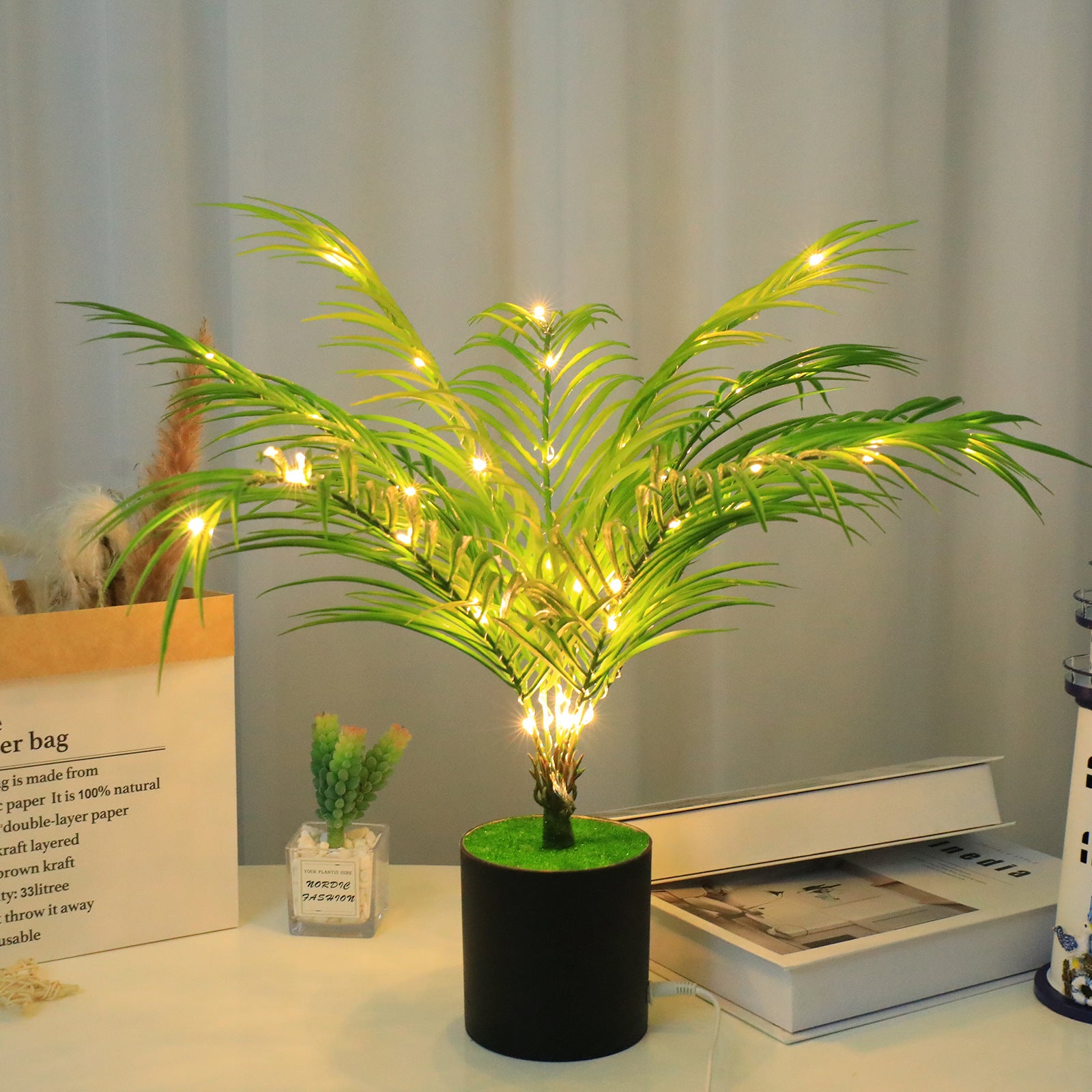 Sztuczne rośliny w doniczkach, lampki nocne LED symulujące rośliny, dekoracyjne lampki krajobrazowe w doniczkach USB
