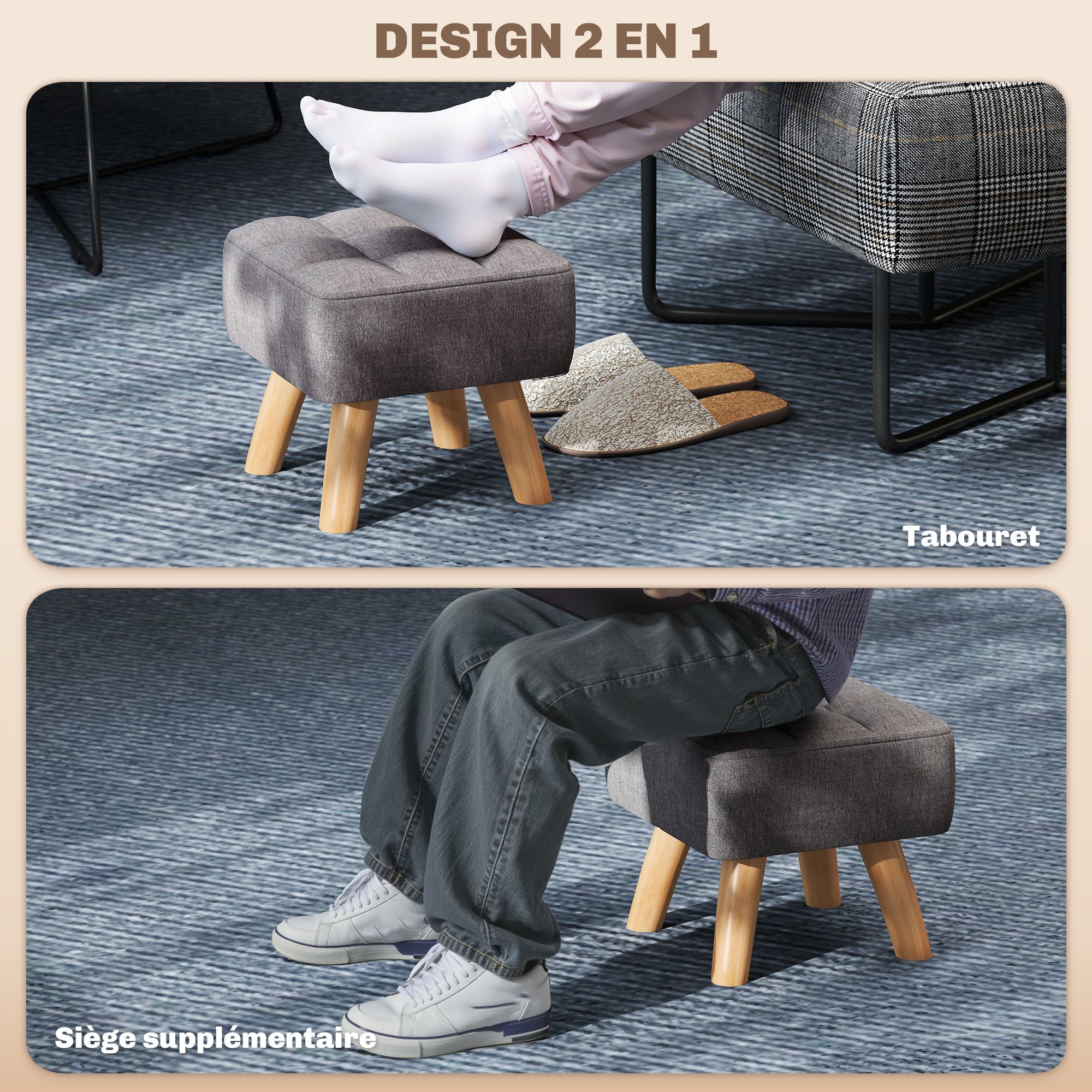 Repose pied salon - HOMCOM - siège rembourré en tissu - avec pieds en bois - pour salon chambre - 27 x 27 x 26 cm - gris - 4
