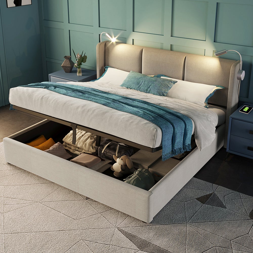 Lit coffre Lit capitonné lit de rangement tiroirs cadre de lit de rangement lit jeune en Leinen 160x200 cm Beige - 5