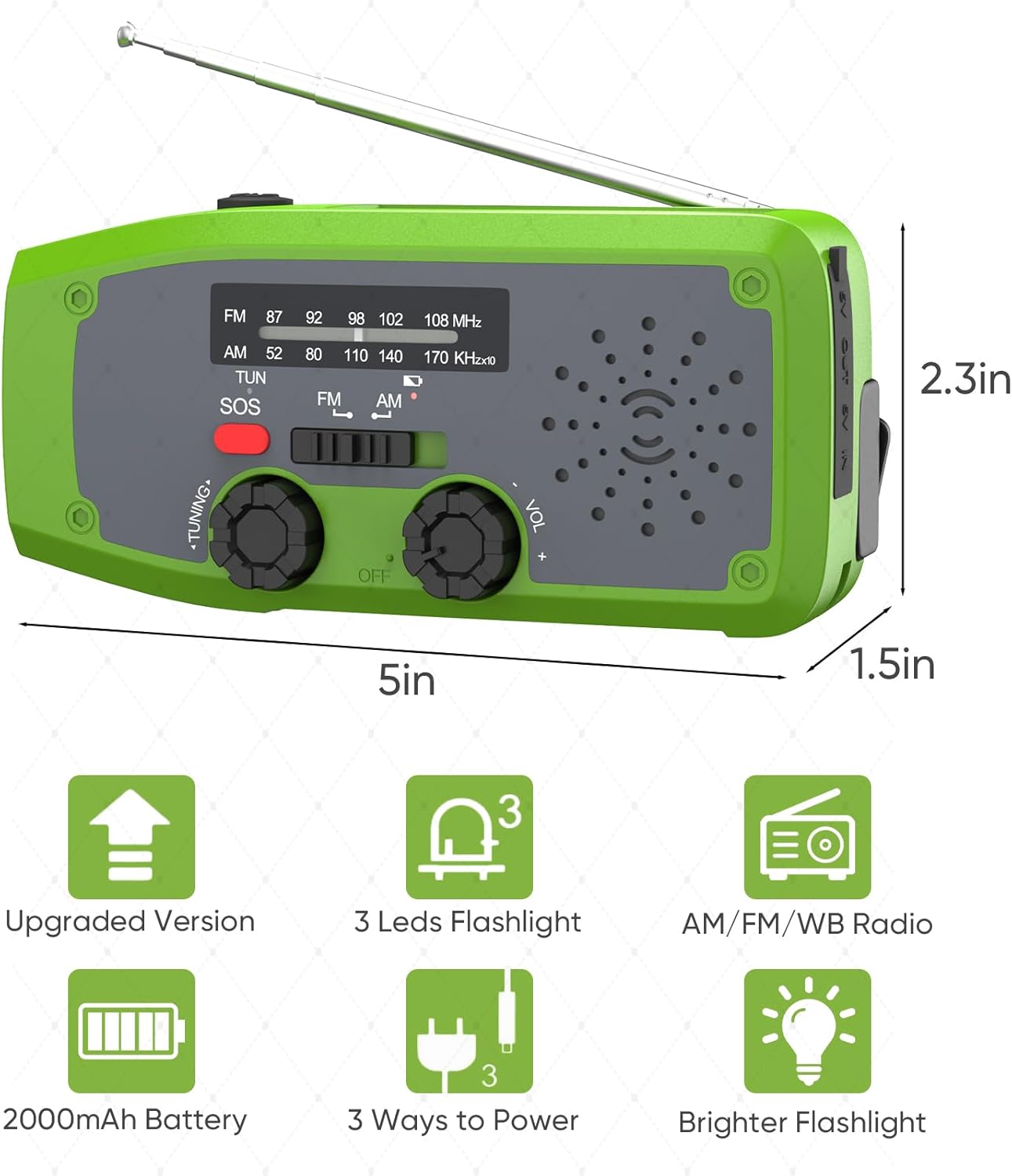 Radio awaryjne zasilane energią słoneczną – z własnym zasilaniem, latarką LED, alertem SOS, radiem pogodowym AM/FM, baterią 2000 mAh (ładowanie awaryj - 4