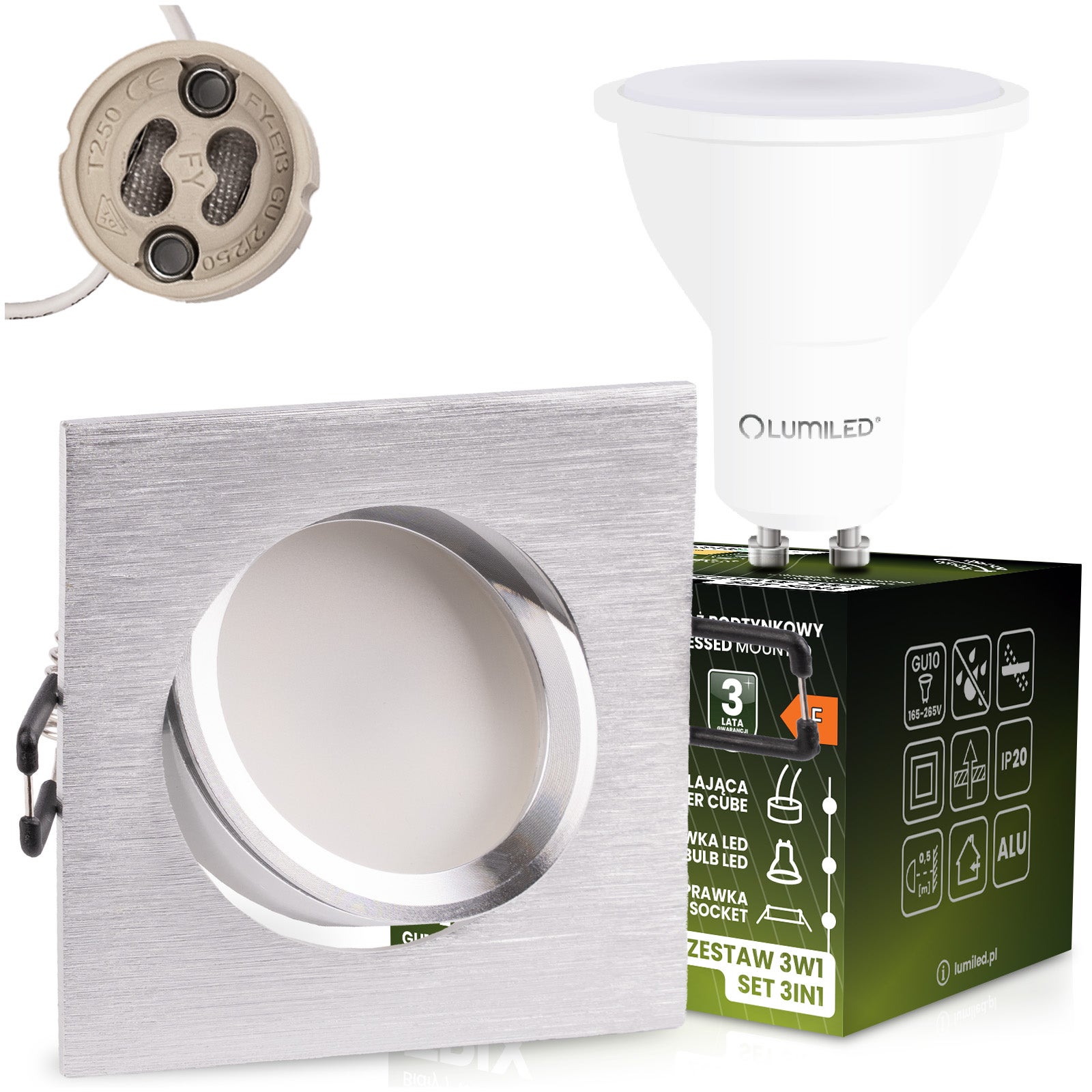 Oprawa Halogenowa Oczko Lumiled Podtynkowa Kwadratowa Ruchoma 3w1 GU10 6W 4000K Neutralna biel Srebrna Szczotkowana