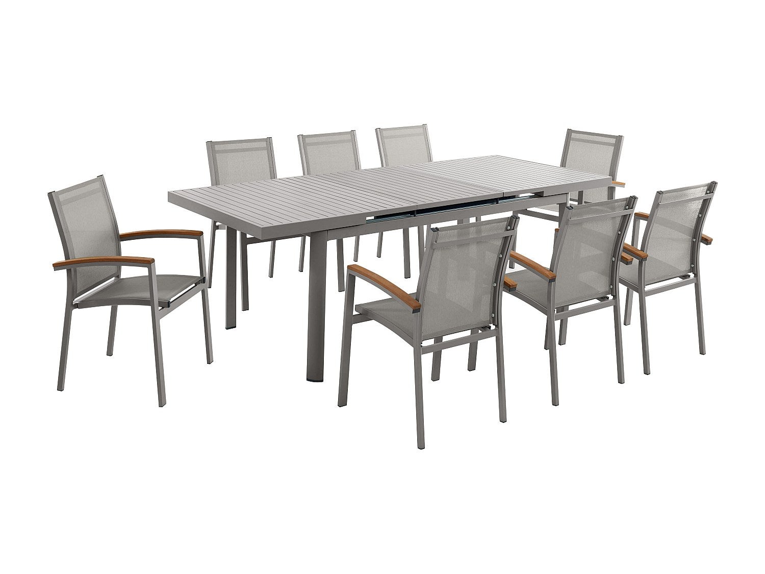 Zestaw mebli ogrodowych jadalnianych z aluminium: stół rozkładany dł. 180/240 cm i 8 sztaplowanych foteli z akacjowymi podłokietnikami - Taupe - NAURU