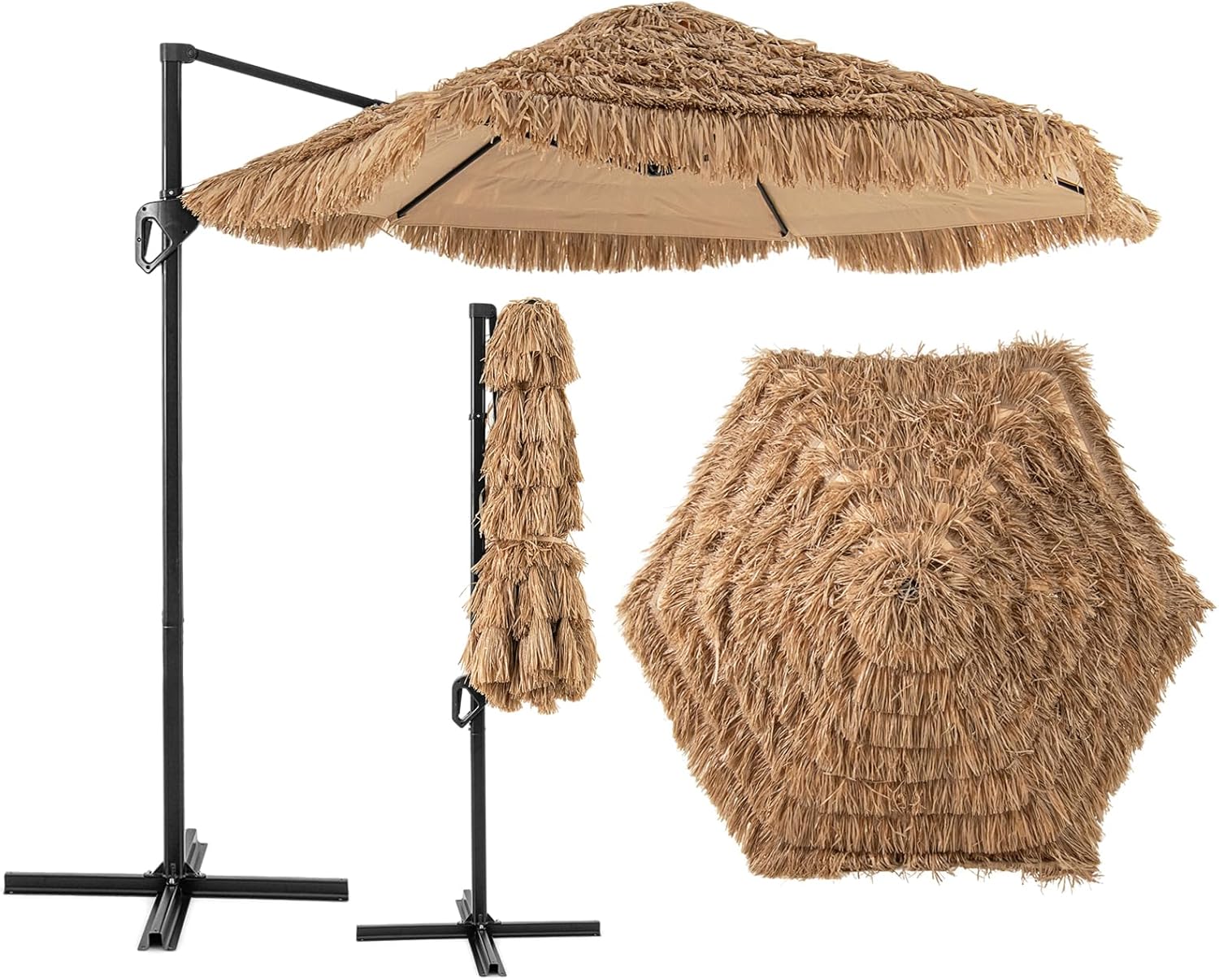 2,7 m Parasol Słomiany z PE, Parasol Wiszący w Stylu Hawajskim, z Podwójnym Dachem, 8 Żebrami, Podstawa nie Wchodzi w Skład Zestawu