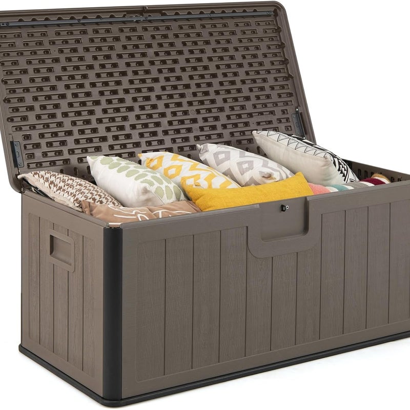 Skrzynia Ogrodowa Zewnętrzna Wodoszczelna 378 l, HDPE z Zamkiem, Siłownikiem Gazowym, Uchwytem, Nośnością 200 kg (Brązowa, 130 x 64 x 59 cm | 378 l)