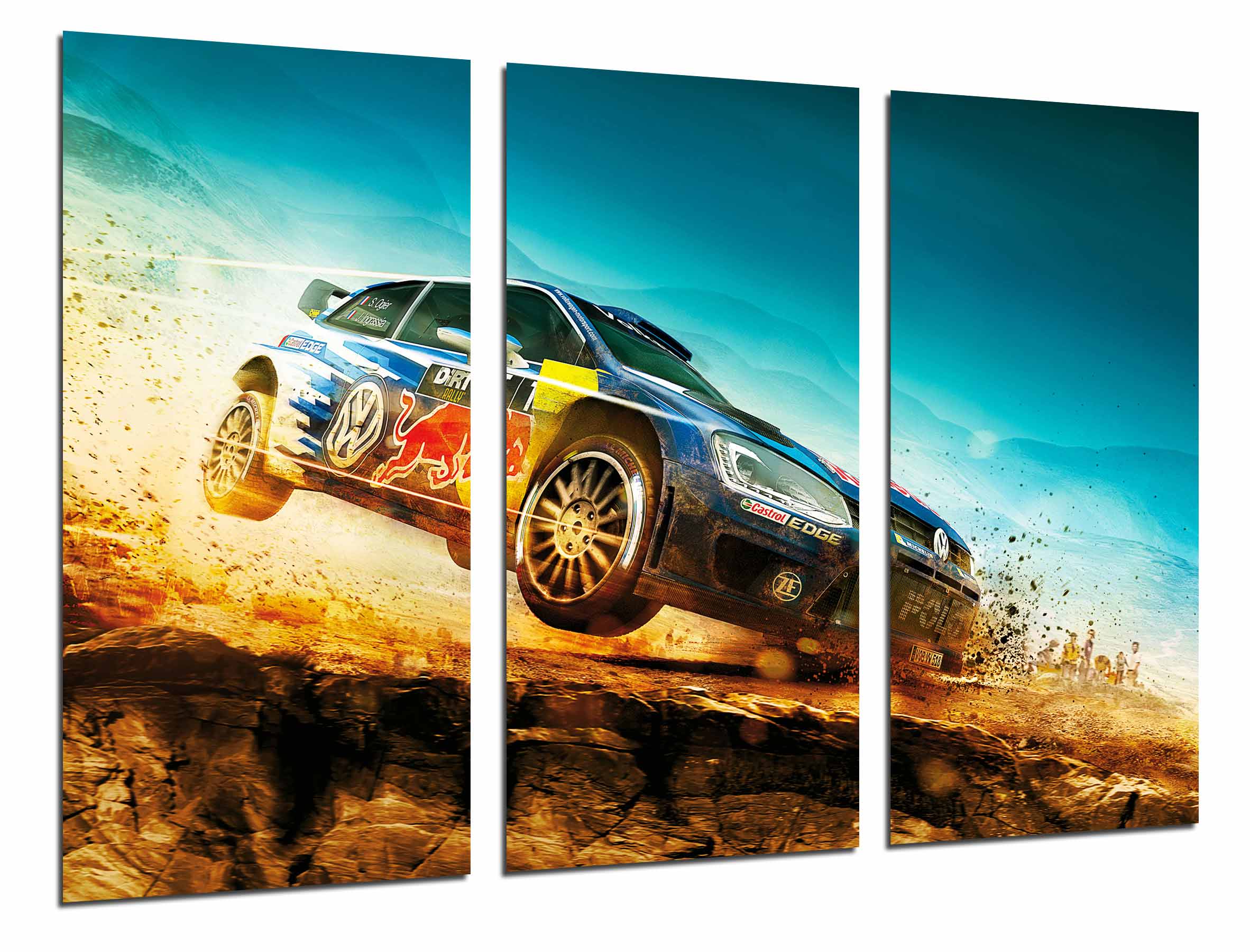 Coche carreras rally en paisaje desierto red bull, azul, impresión fotográfica sobre madera, cuadro moderno decorativo