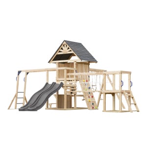 FATMOOSE Tour De Jeu Extérieur FruityForest Fun XXL – Avec Toboggan 220 Cm, Balançoire Surf, Bac à Sable, Mur D'Escalade – Bois Imprégné – FSC – Allemagne