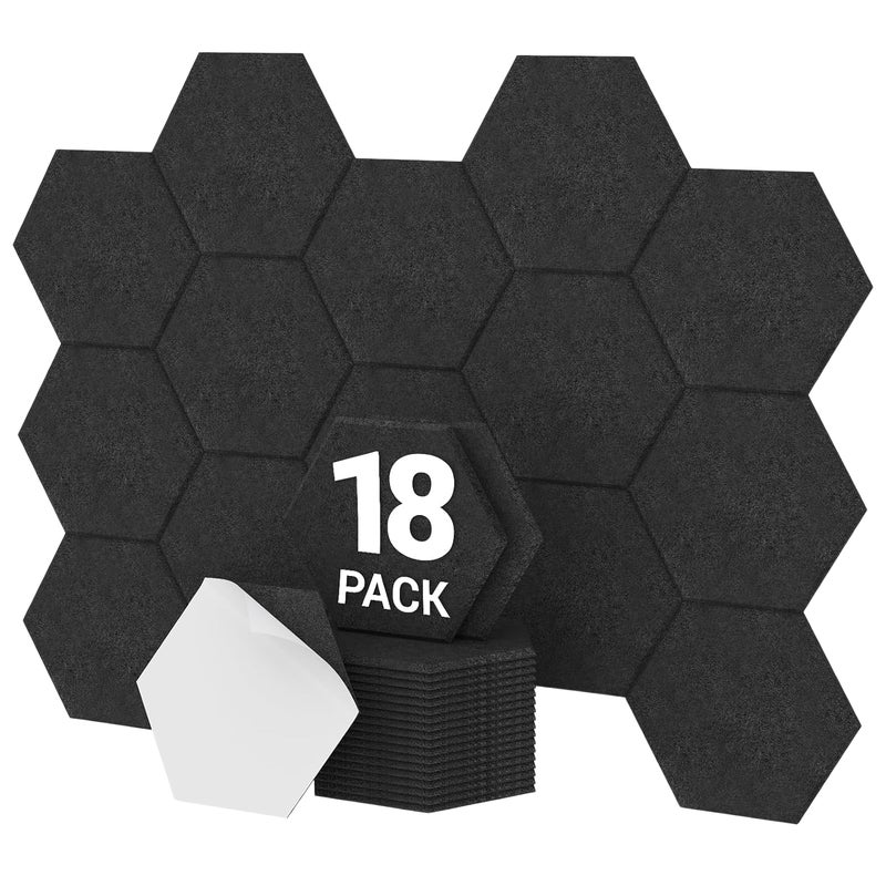 Sześciokątne panele dźwiękochłonne, odpowiednie do studiów, biur i domów, 18 sztuk, 30x26x1 cm, czarne