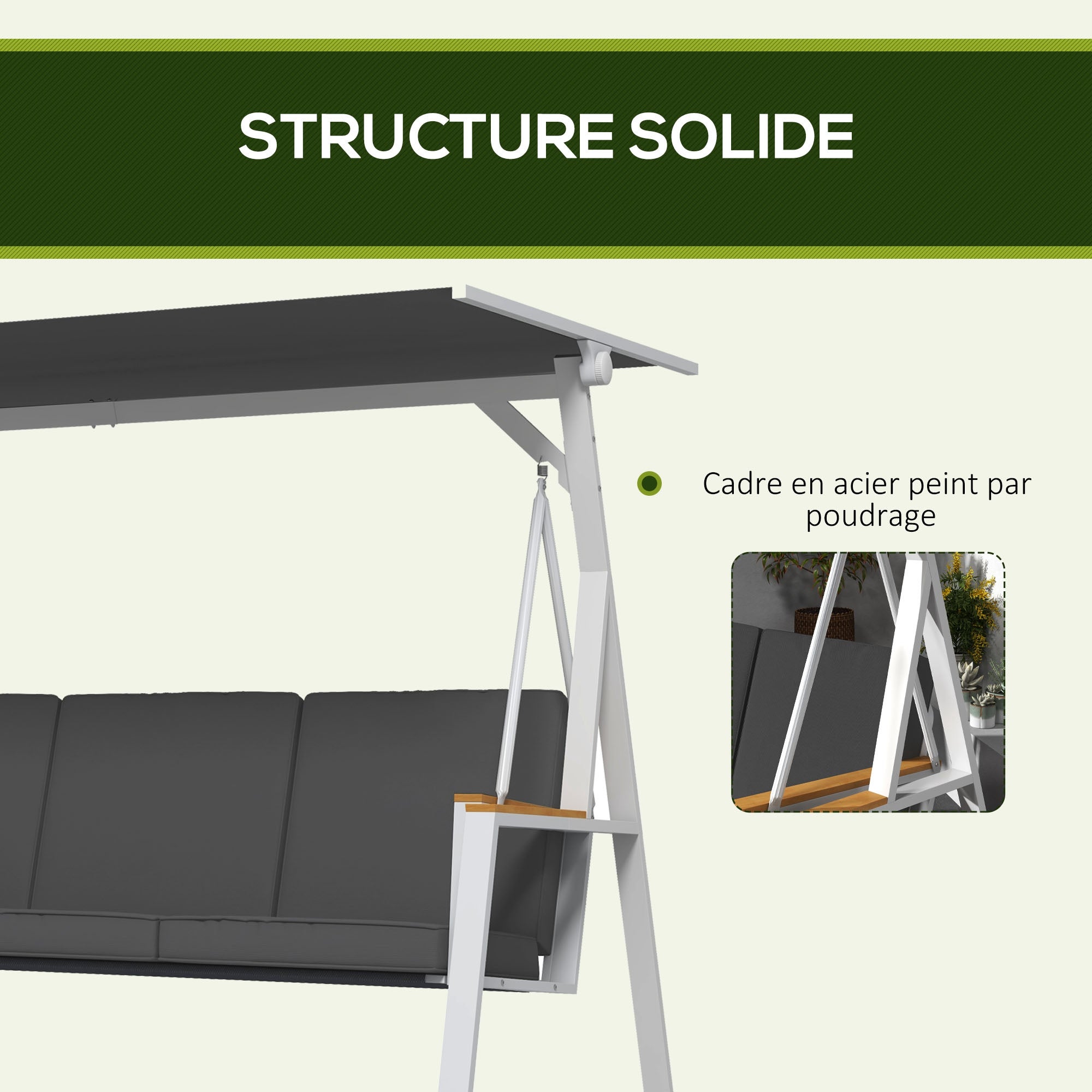 Balancelle de jardin design 3 places réglable matelas blanc gris foncé - 7