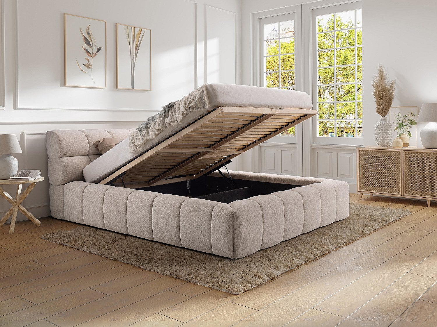 Cama com espaço de arrumação 180x200 cm tecido bege - FORVIK II de Pascal Morabito - 2