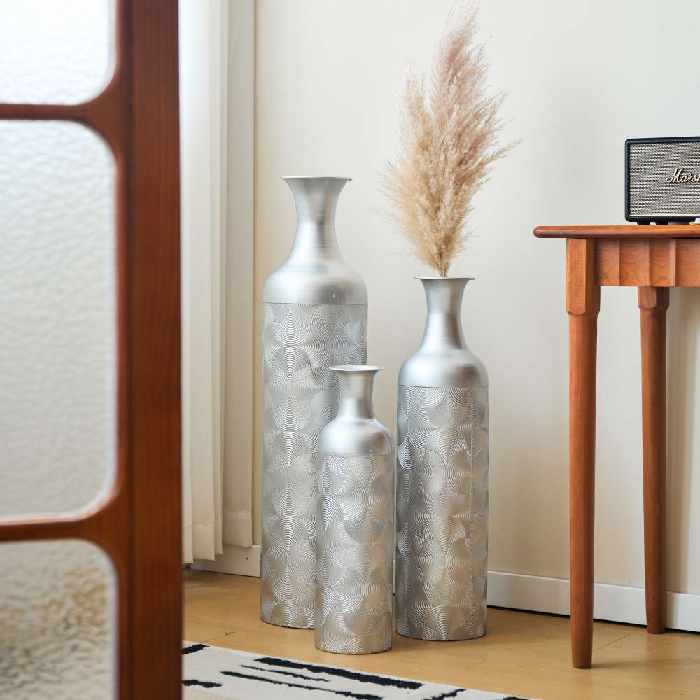 Vase Métallique Argenté - Ensemble de 3 Vases de Sol 83/65/50cm pour Fleurs Séchées et Pampas, Élégance et Style pour Salon et Chambre - 7