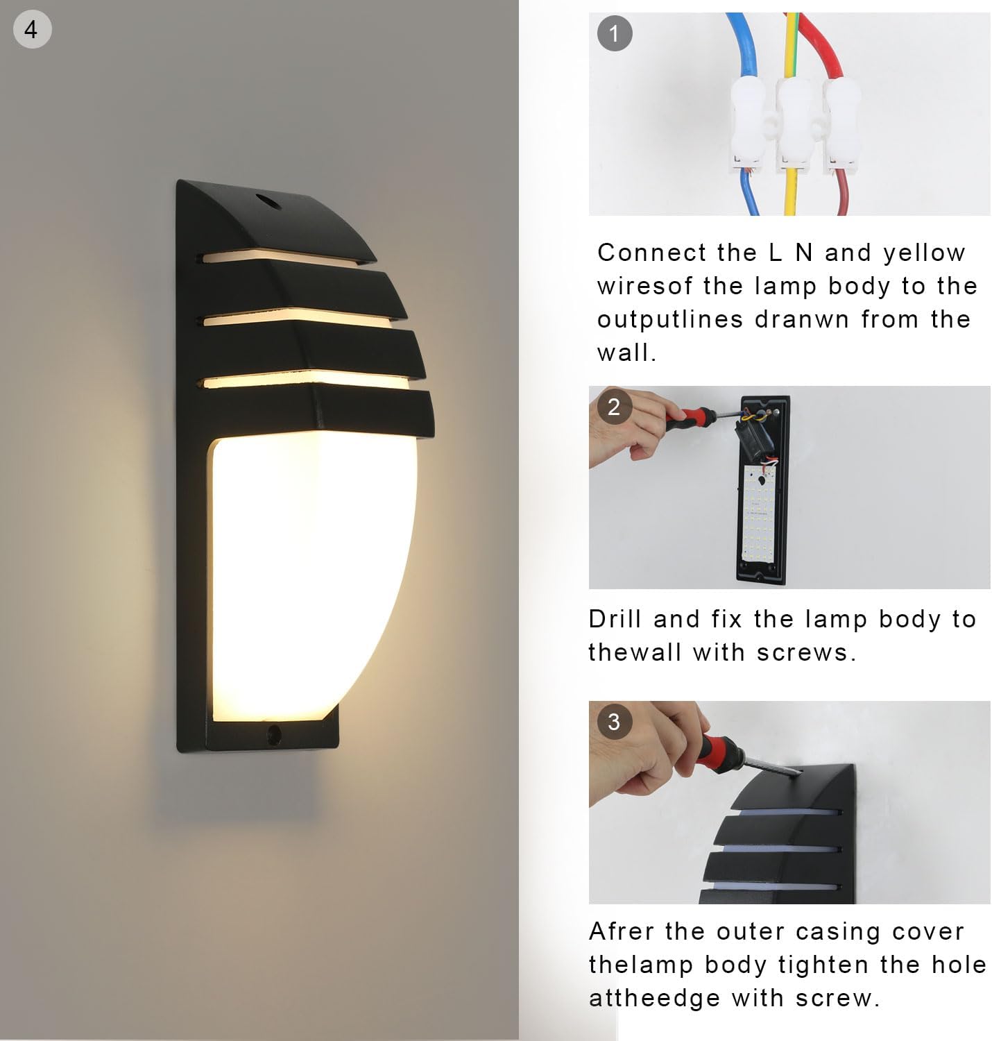 2 pezzi Applique da Esterno Impermeabile IP65 Lampada da parete a LED Bianco Caldo 3000K Per Ingresso Cortile Giardino Terrazza Balcone Garage Nero - 8