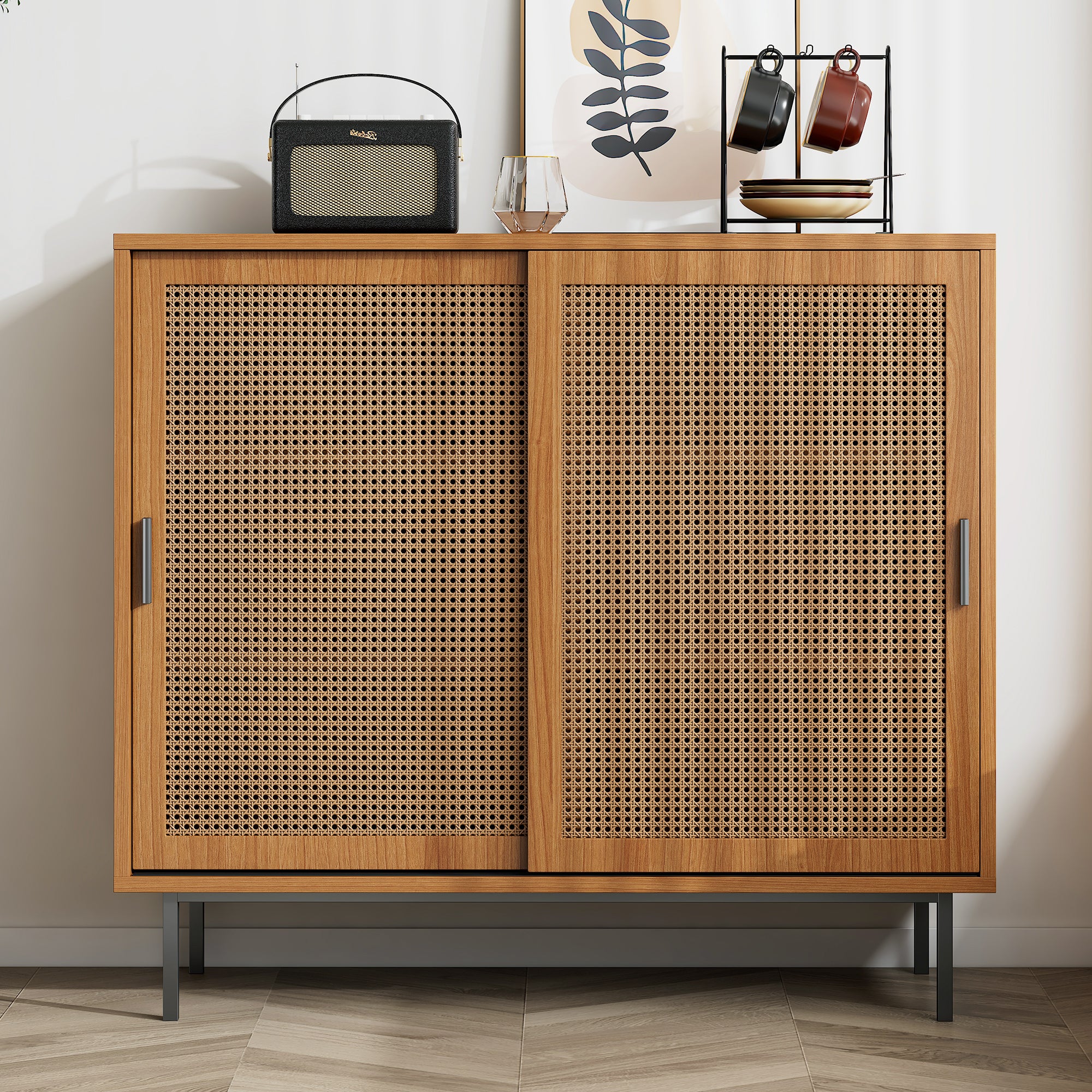 Buffet bas - avec 2 portes coulissantes et étagères réglables - Naturel - 2