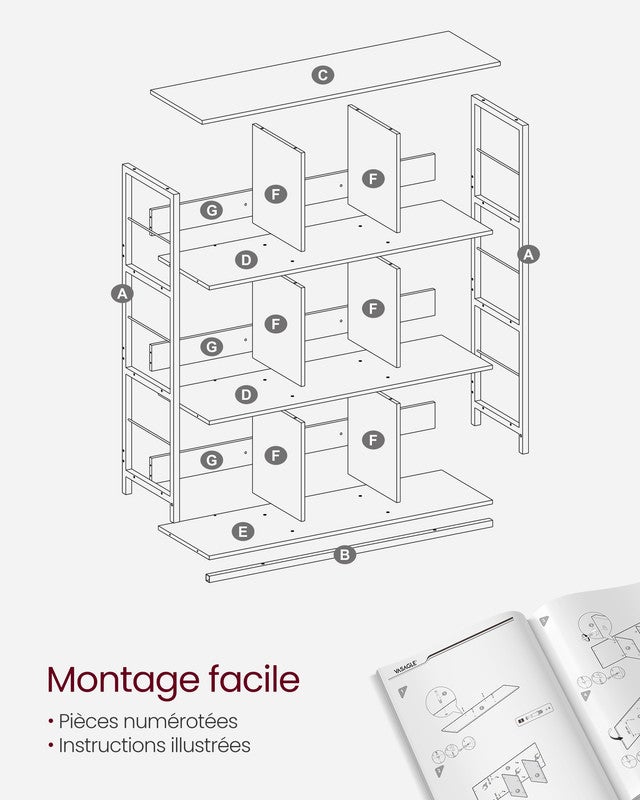 Meuble de Rangement 3 Niveaux, Étagère Rangement, Bibliothèque Style Industriel, 9 Cubes, 30 x 100 x 103,1 cm, Marron Camel et Noir d'Encre - 7
