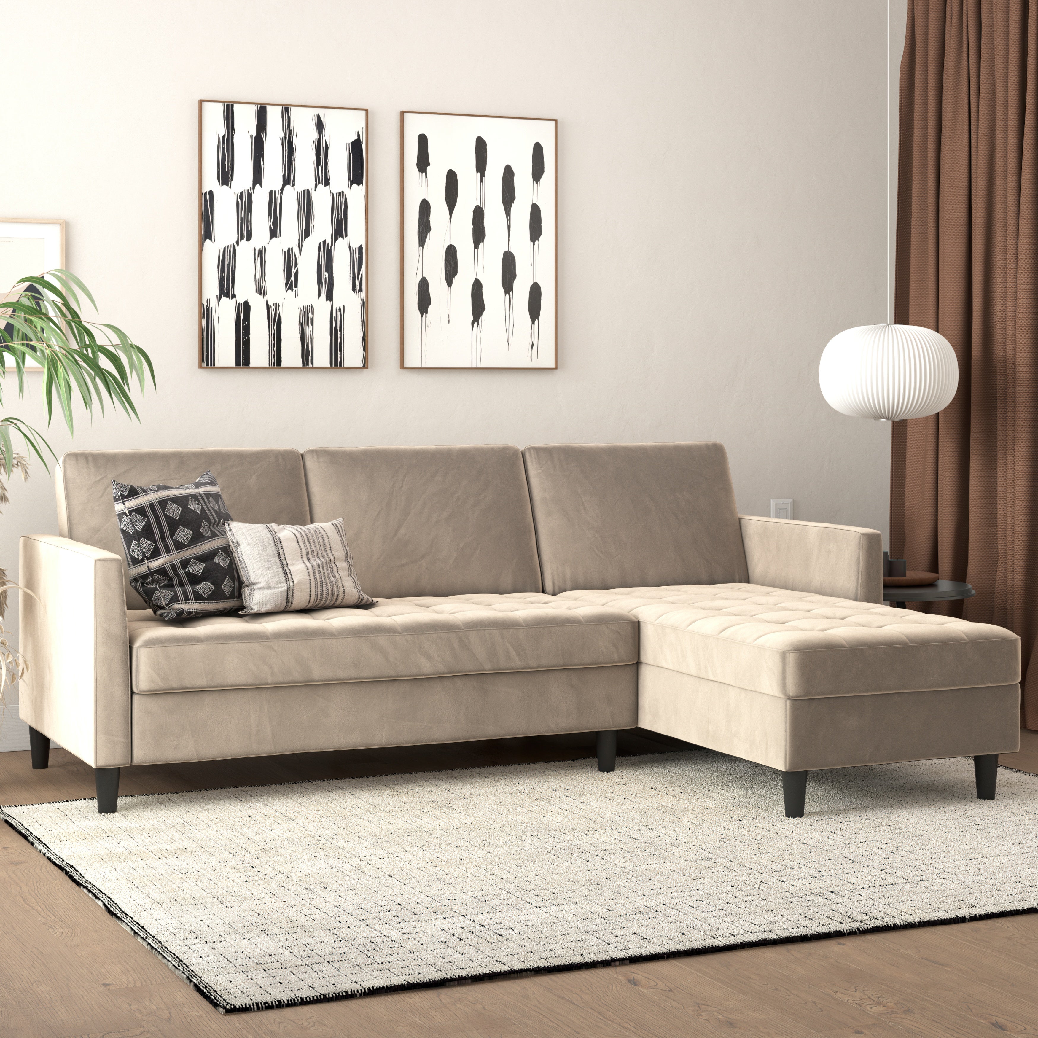 Presley|Divano letto posti con chaise longue in velluto tortora