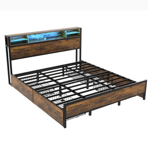 Letto matrimoniale 140 x 190 con rete a LED e USB, letto imbottito con rete a doghe e 2 cassetti di stoccaggio, letto matrimoniale per adulti e adolescenti (beige, 140 x 190