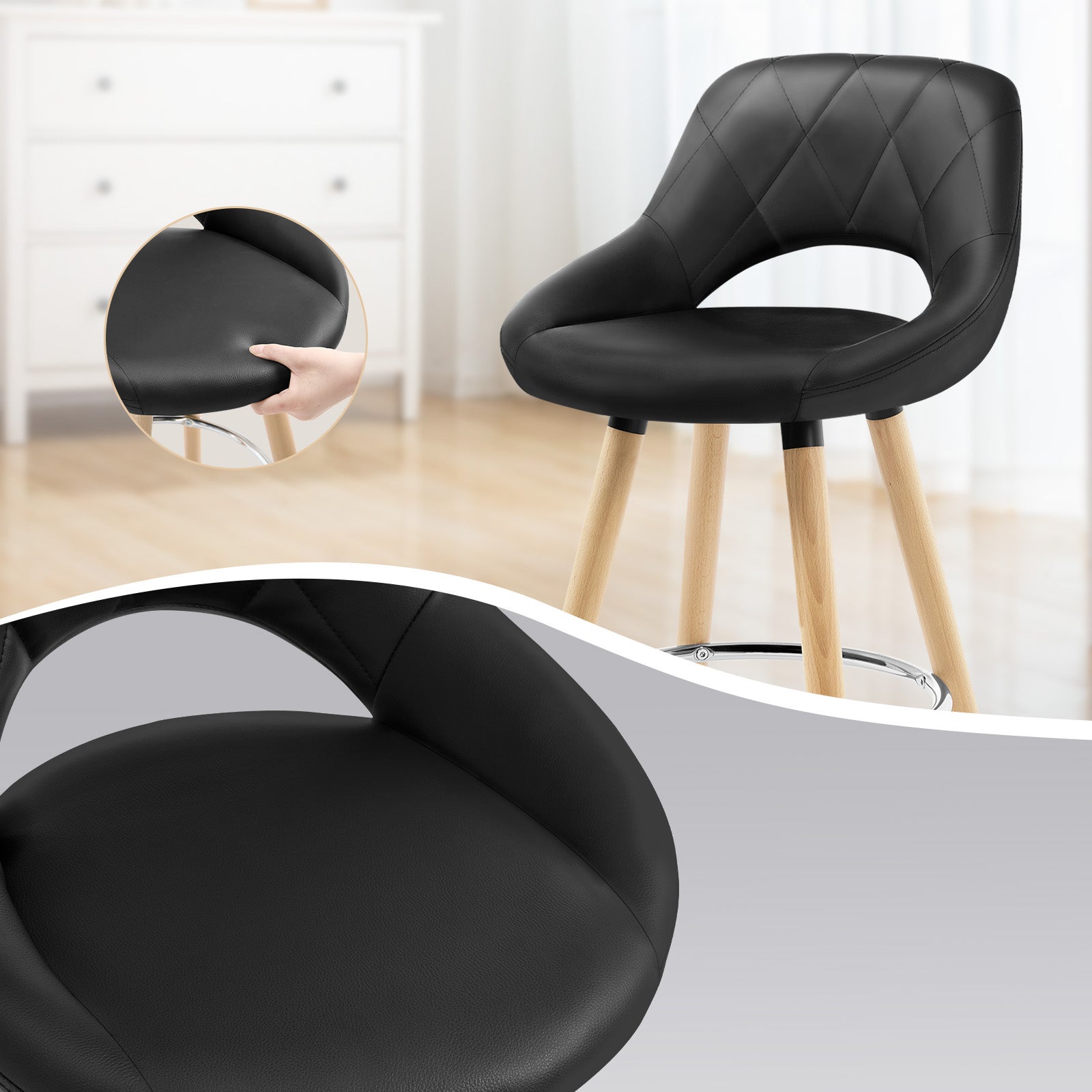 Lot de 2 Tabouret de bar avec dossier et repose-pieds WOLTU, Fait de similicuir et bois massif, Siège bien rembourré, 43x43x91cm, Noir - 4