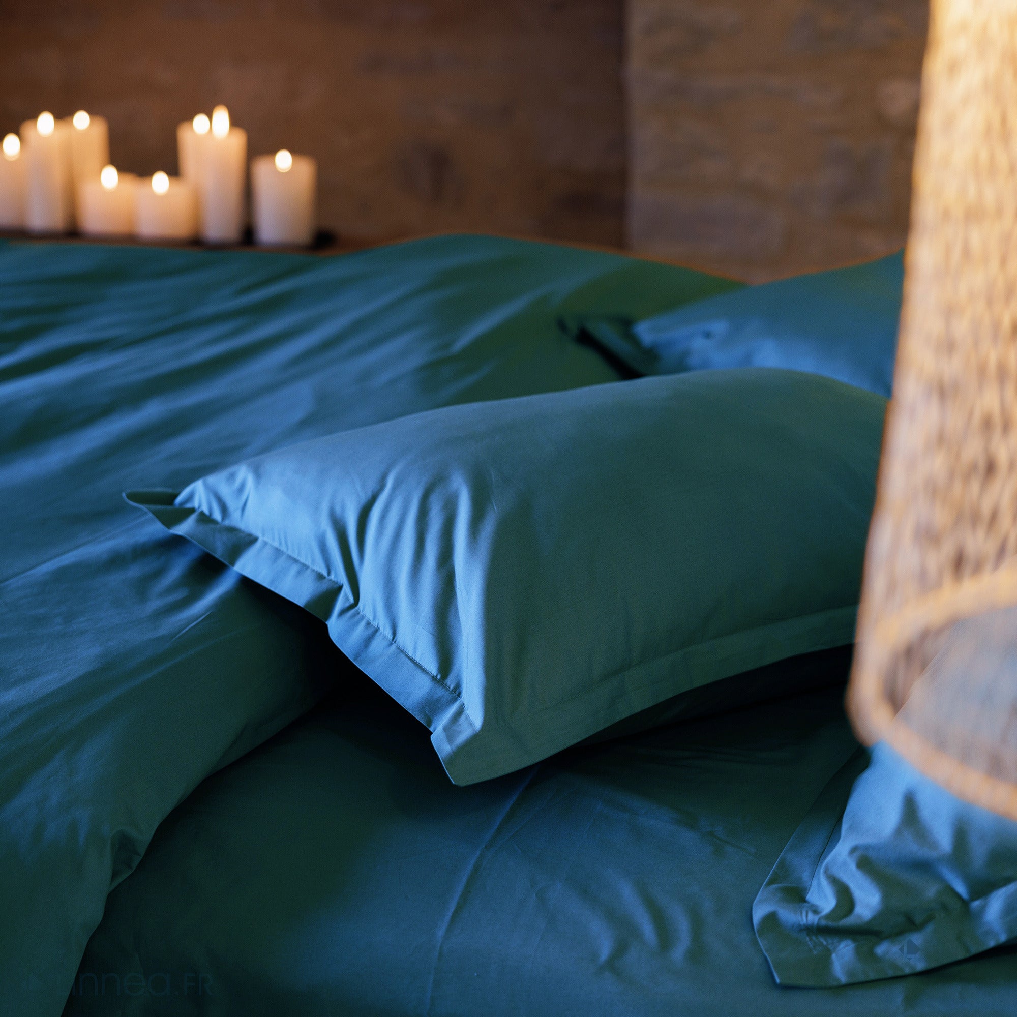 Drap plat 240x300 cm percale de coton MANOIR bleu Lagon - 3