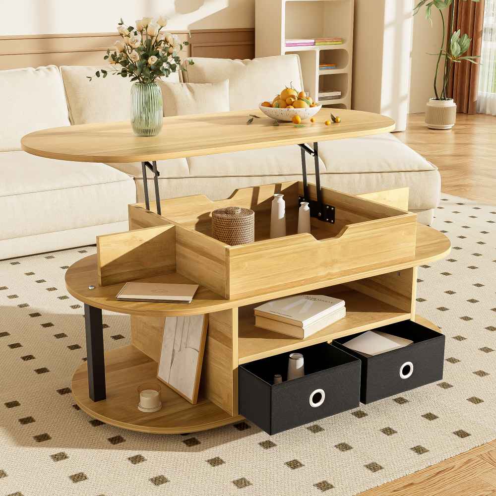 Table Basse Moderne Veines de Bois : avec Fonction Relevable, Espace de Rangement & Tiroirs en Tissu Noir, Polyvalente pour Salon & Bureau - 7