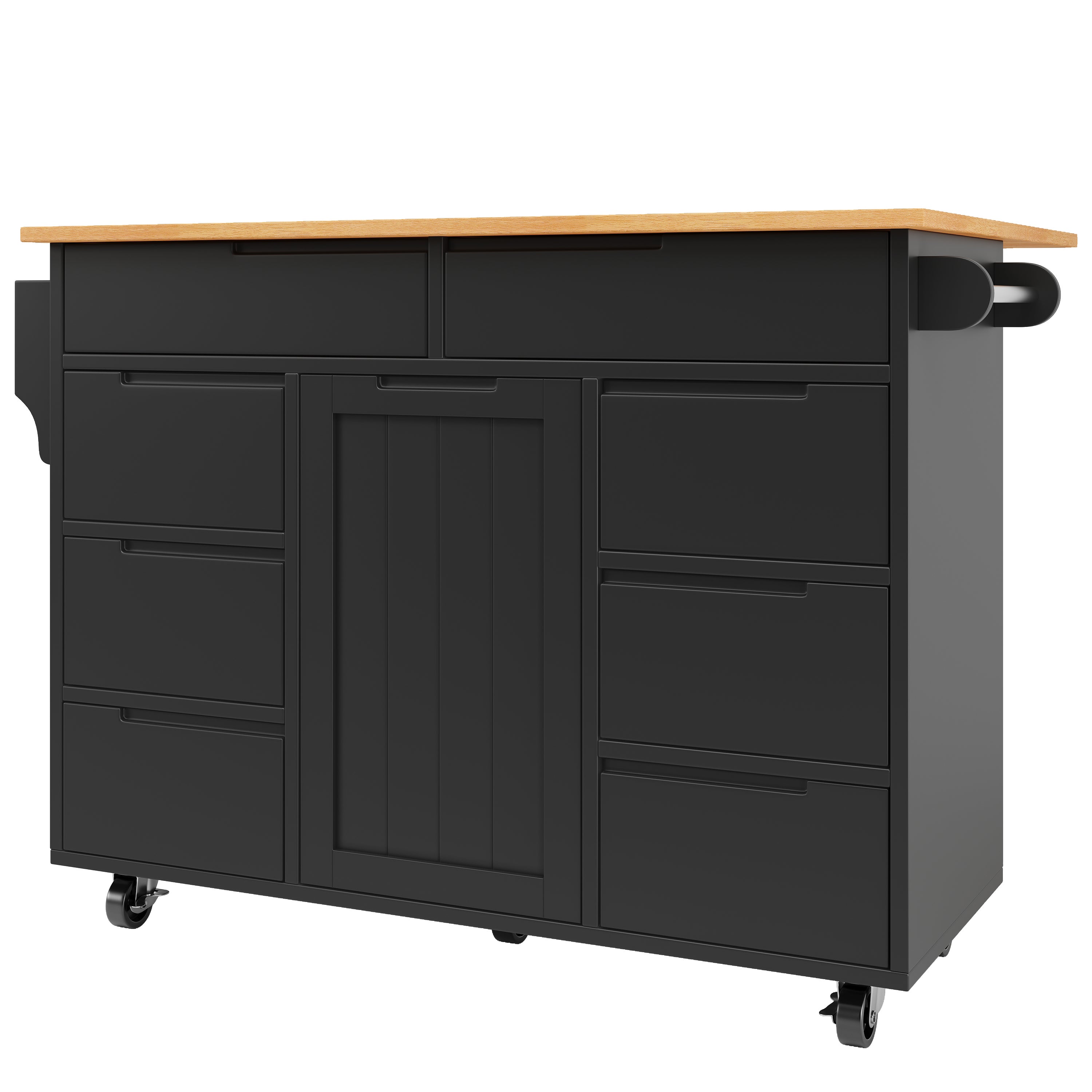 Ilot central de cuisine mobile - Plateau extensible - 8 tiroirs et 1 porte - Avec étagère à épices - MDF - Noir - 6