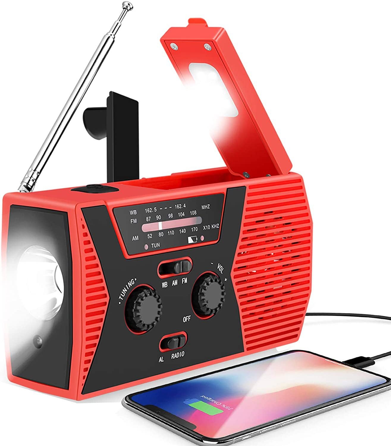 Przenośne radio awaryjne 4000 mAh, radio z korbką ręczną, radio AM/FM z korbką zasilane energią słoneczną/korbą ręczną/baterią, awaryjne dynamo zasil