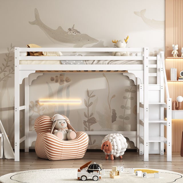 Letto A Soppalco Kebnor 90x200 Cm – Bianco, Con Rete A Doghe, Ringhiera E Gradini Ripostiglio, Certificato EN747