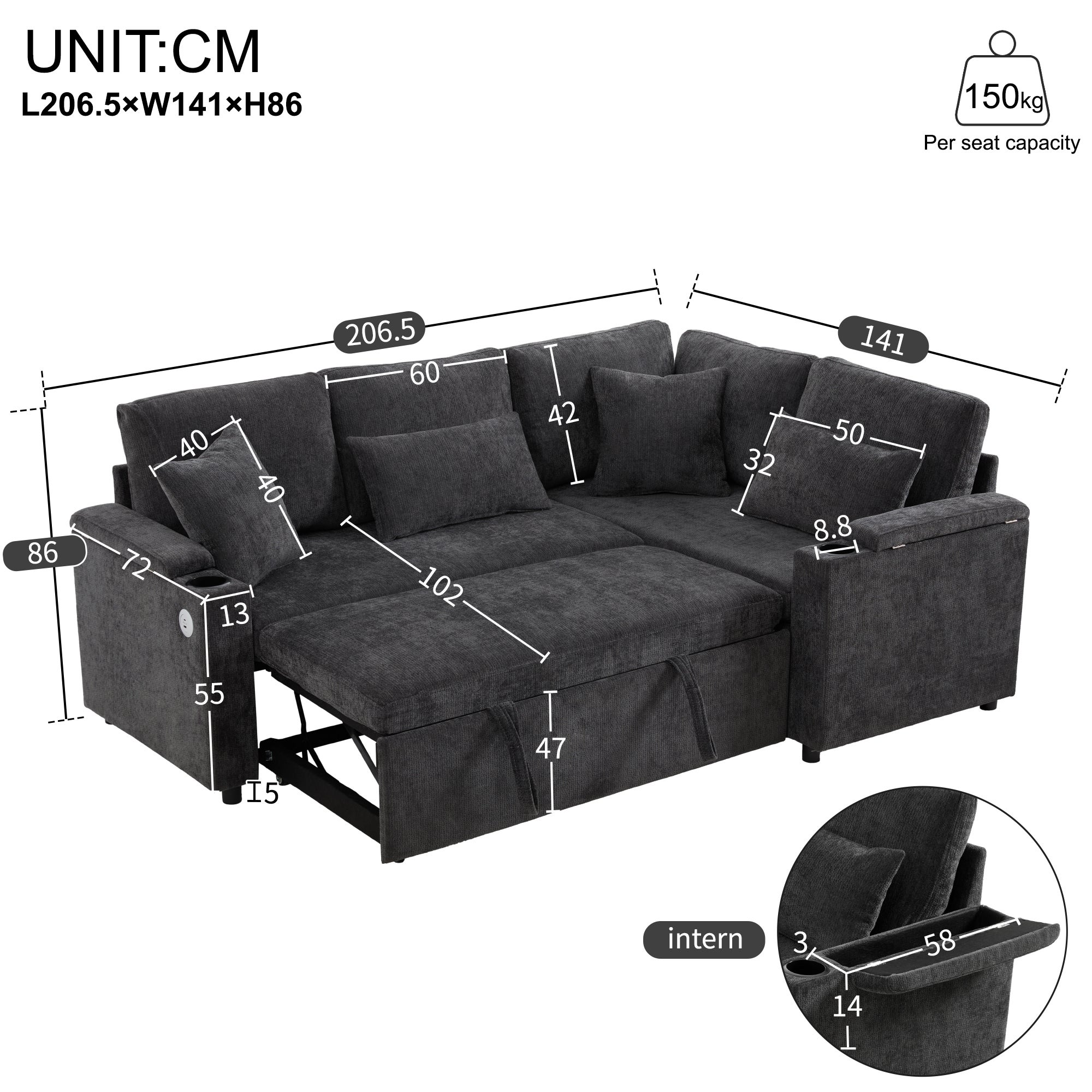 Rozkładana sofa narożna w kształcie litery L - ze schowkiem - z uchwytem na kubek - portem ładowania USB - z poduszkami - szara - 6