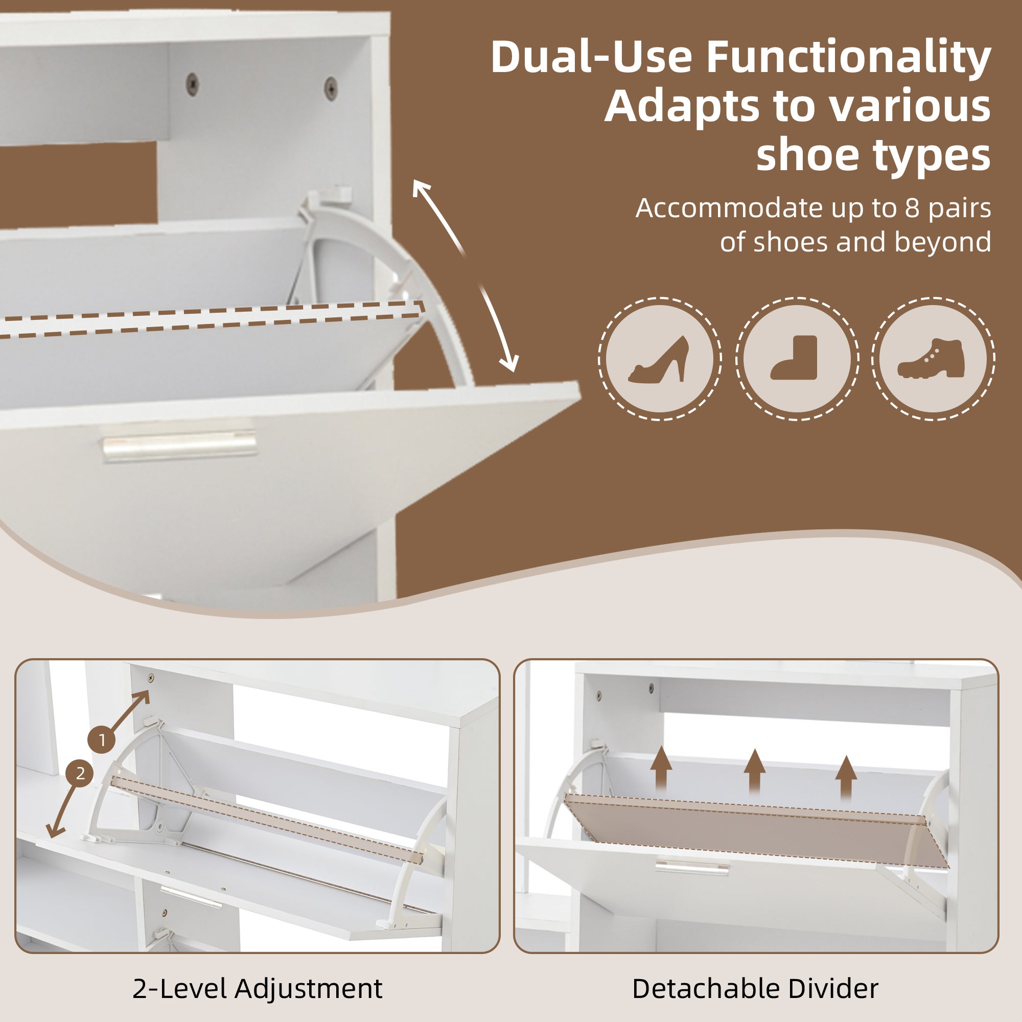 Ensemble meuble à chaussures avec miroir + banc + 2 armoires et penderie - 135 x 25 x 180 cm - Panneau de particules - Blanc - 5