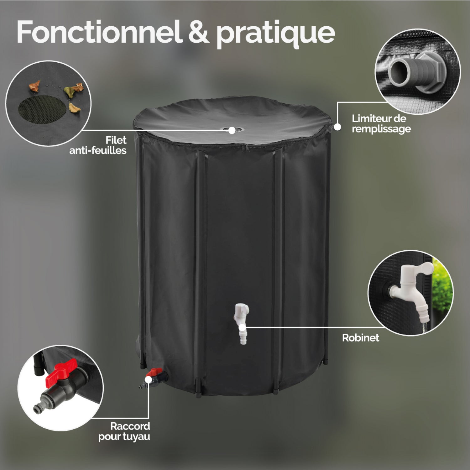 Réservoir souple, récupérateur d'eau de pluie pliable - 500 L - Noir - Linxor - 3