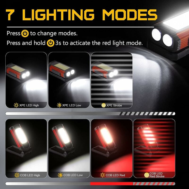 Lampe de Travail Rechargeable Puissante, Baladeuse LED Lampe Atelier avec Base Magnétique, Lampe Torche avec IPX6 Étanche, 7 Modes Lampe Mecanicien - 2