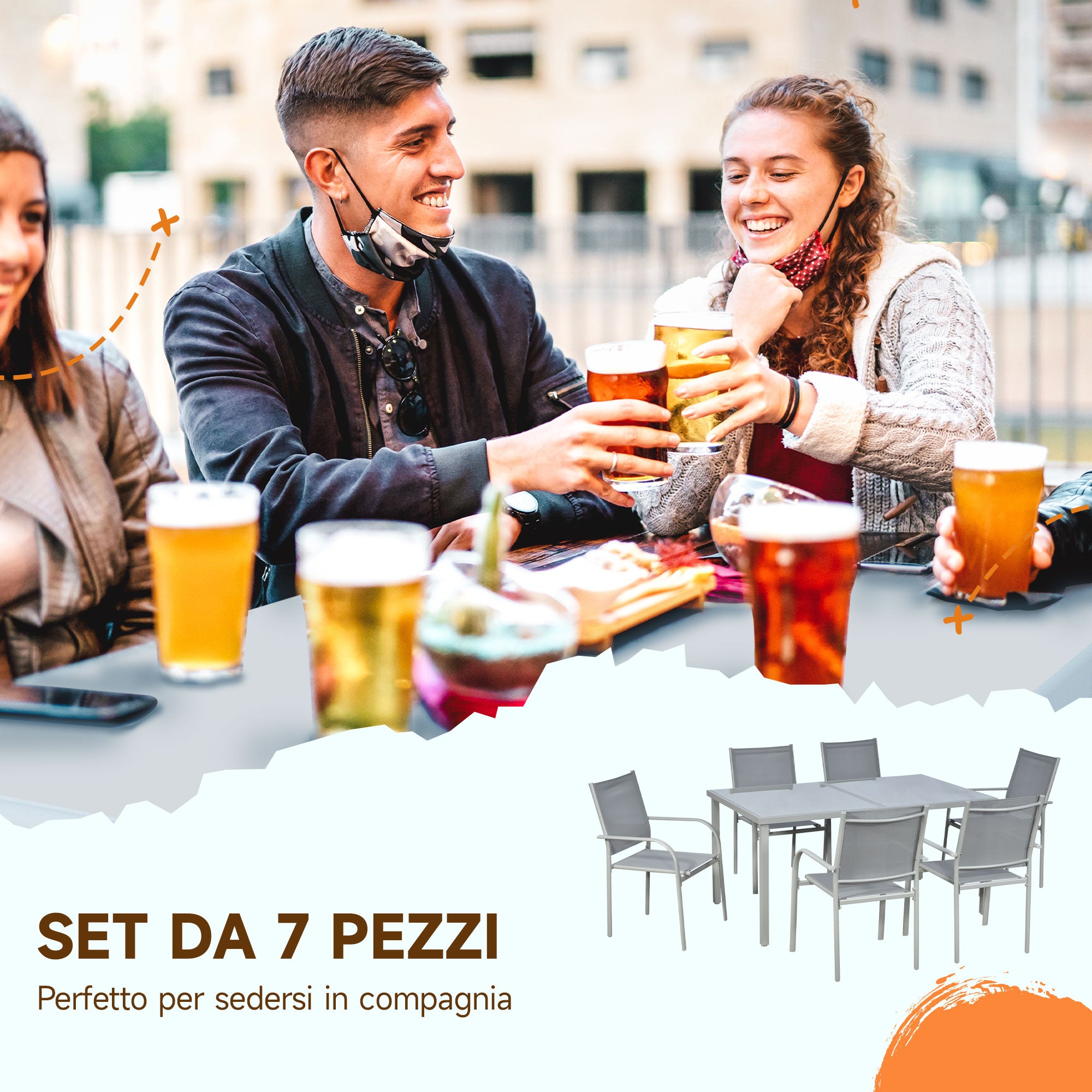 Outsunny Set da Giardino con Tavolo in Vetro Temperato e 6 Sedie con Tessuto a rete, Grigio - 4