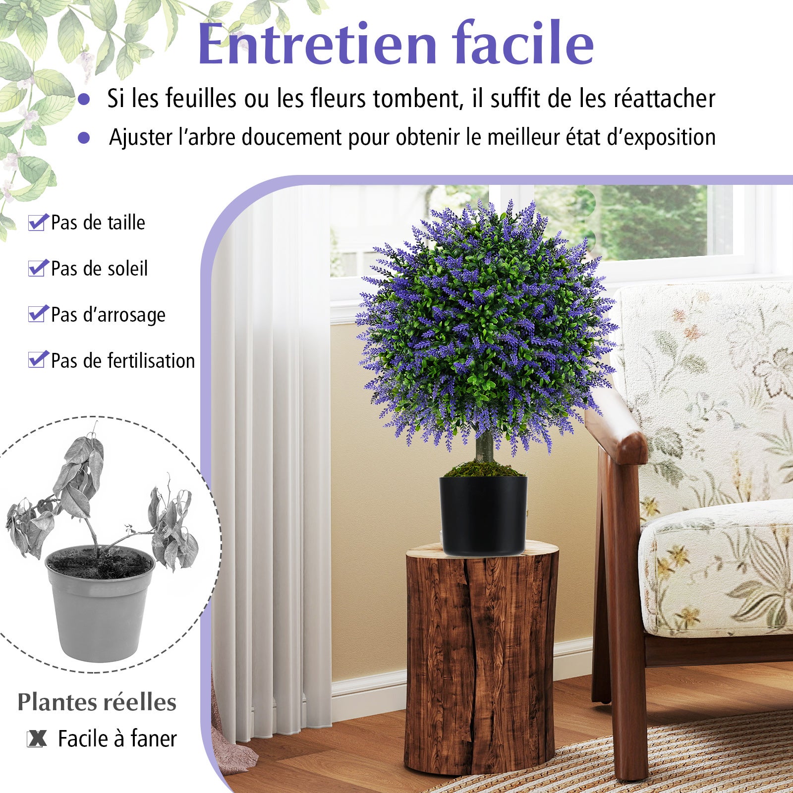 Lot de 2 Boules de Lavandes Artificielles de 58&nbsp;cm avec Pot en Ciment, Arbuste Artificiel pour Intérieur Extérieur, Décoration - 7