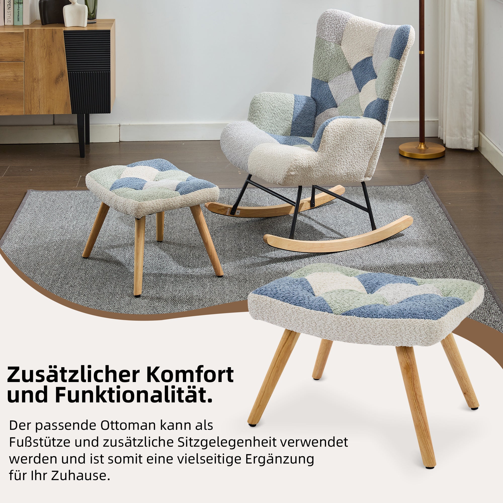 Fotel bujany z podnóżkiem i funkcją odchylania - 122 x 68 x 91 cm - Tkanina włókninowa i gąbka - Wielokolorowy - 4