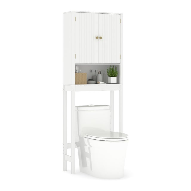 Meuble WC au-Dessus des Toilettes, 168 cm Meuble Salle de Bain avec Portes Cannelées, Étagère Réglable, Barre Inférieure, Étagère Gain de Place