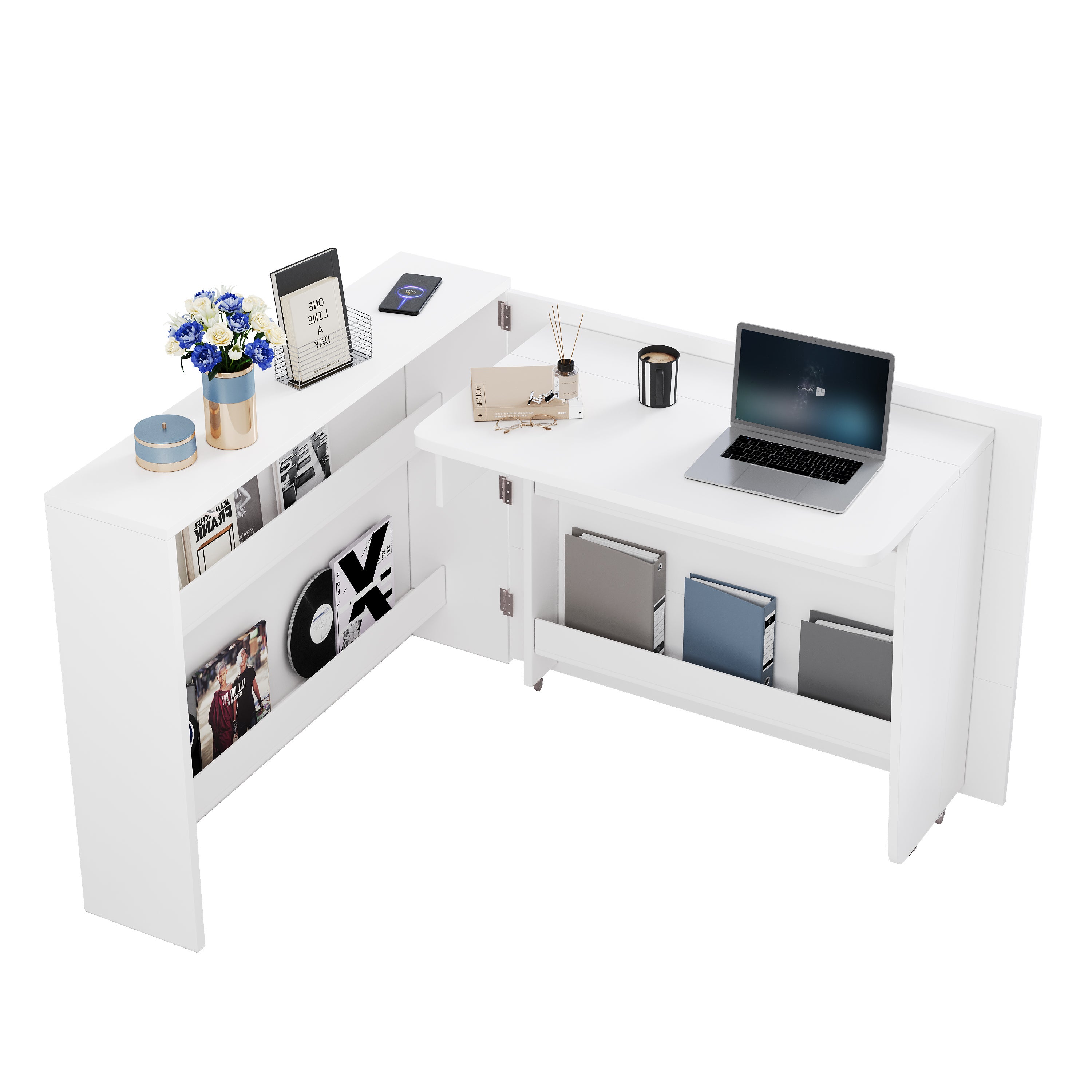 Bureau pliable 115x27x93 cm - avec fonction de charge sans fil - avec étagères et roulettes - Finition haute brillance - Blanc - 7