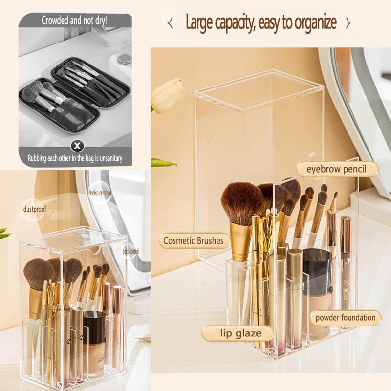 Boîte de rangement pour pinceaux de maquillage grande capacité, anti-poussière, avec couvercle, organisateur de bureau. - 6