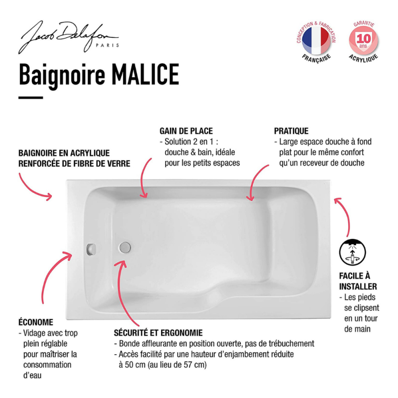 Baignoire bain douche JACOB DELAFON Malice, version gauche Blanc brillant 170 x 90 - 5