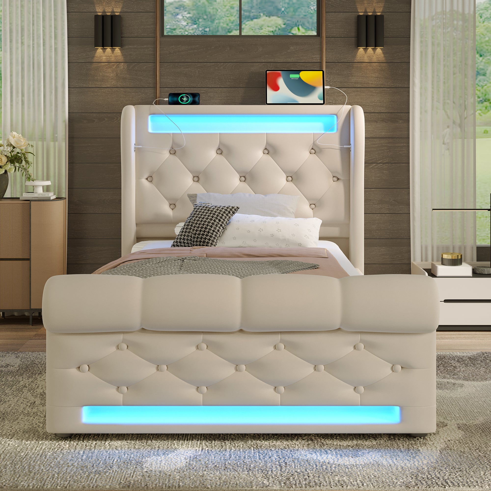Pojedyncze łóżko dla dorosłych 90 x 200 cm, z oświetleniem LED, portami USB i Type-C, systemem hydraulicznym, beżowe, aksamitne