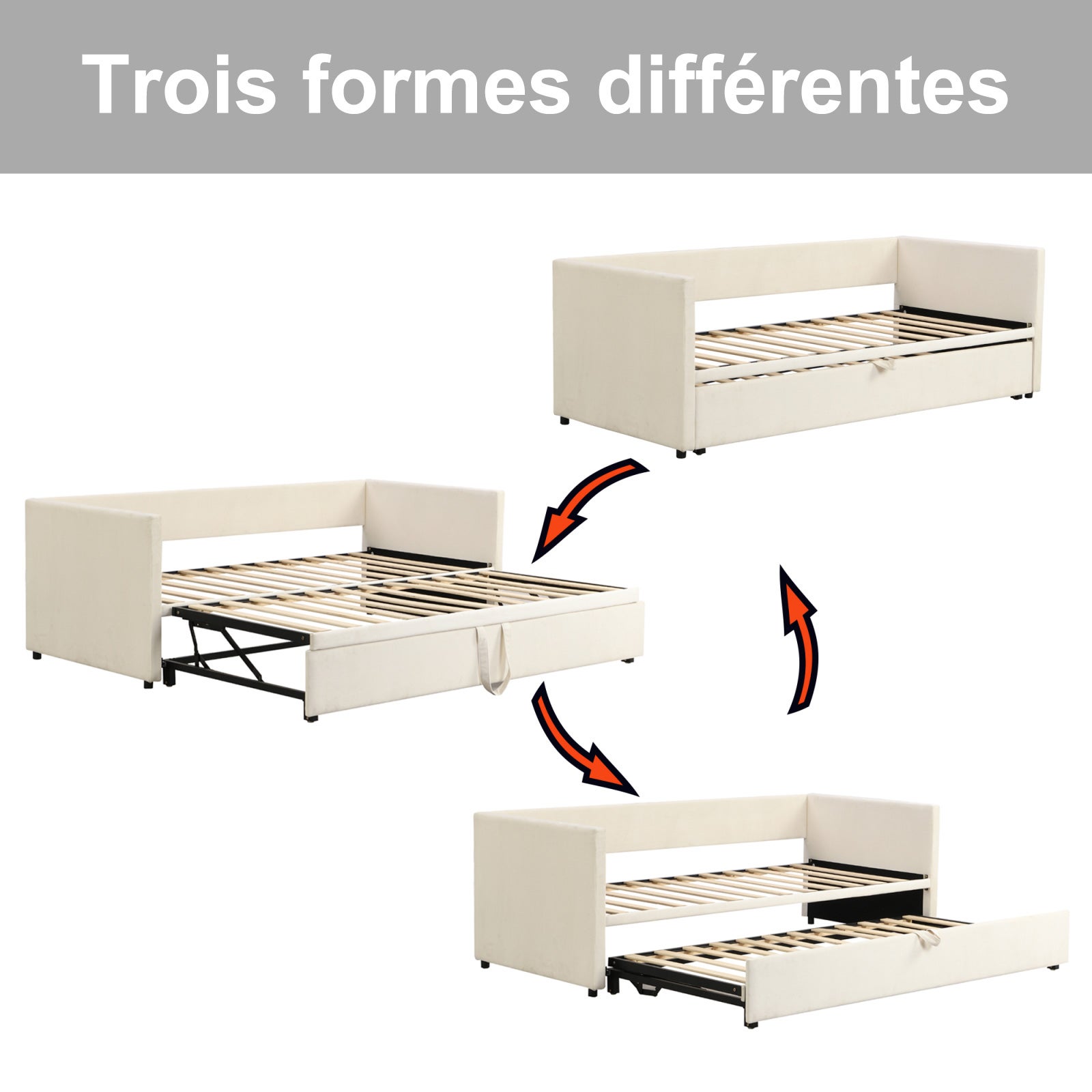 Canapé-lit extensible 90/180 x 200cm 2 Places, canapé convertible rembourré avec sommier à Lattes, velours, beige, sans matelas - 3